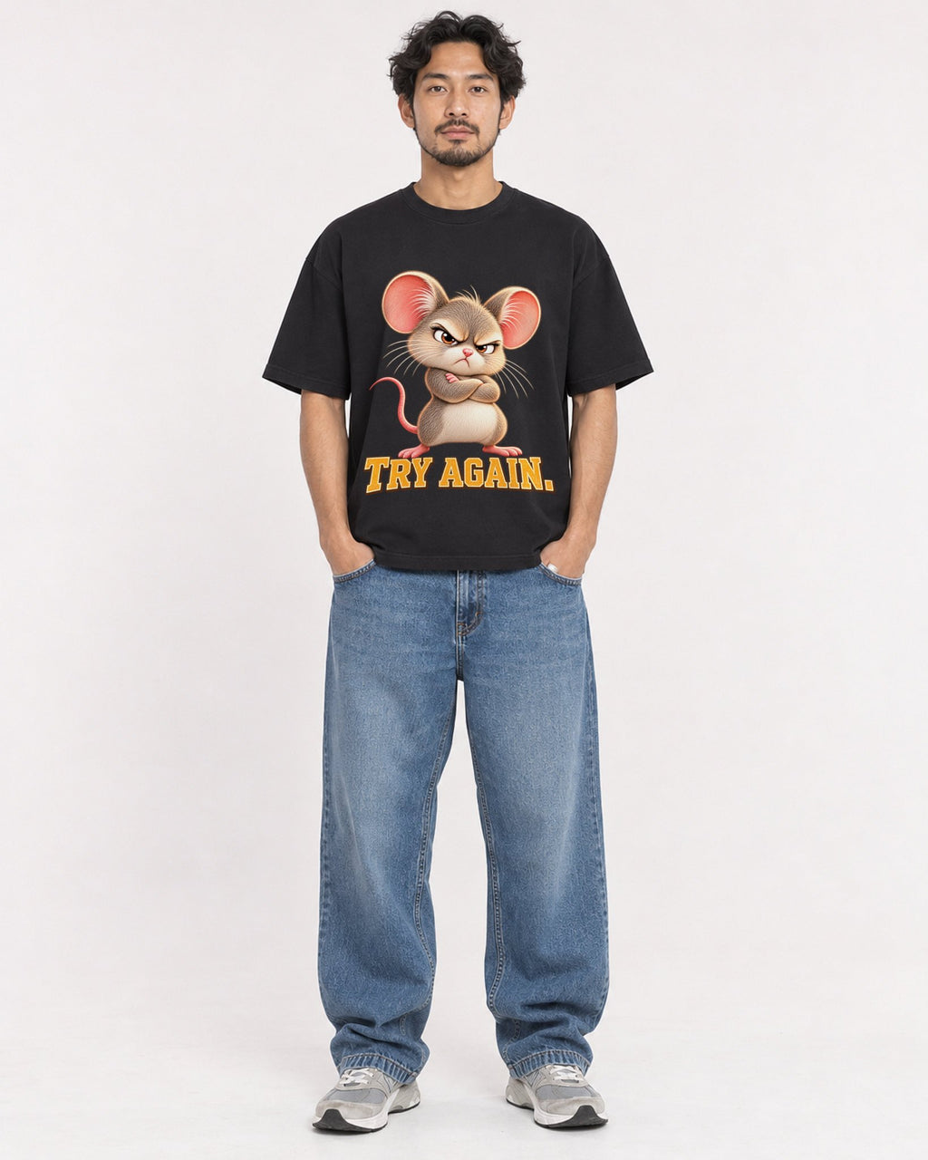 Mockup Boxy Heavyweight Tee Black male full-body 02