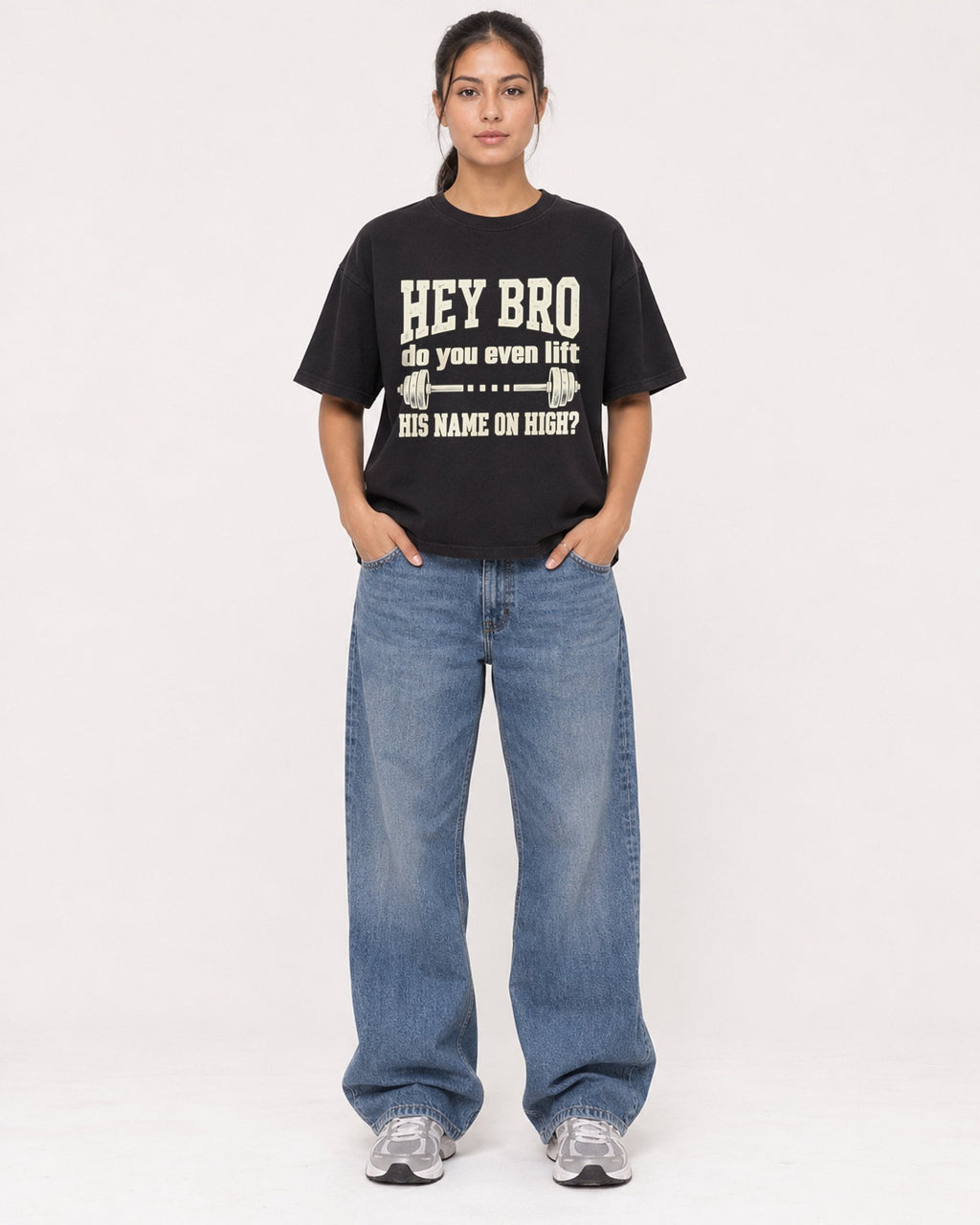 Mockup Boxy Heavyweight Tee Black female full-body 16