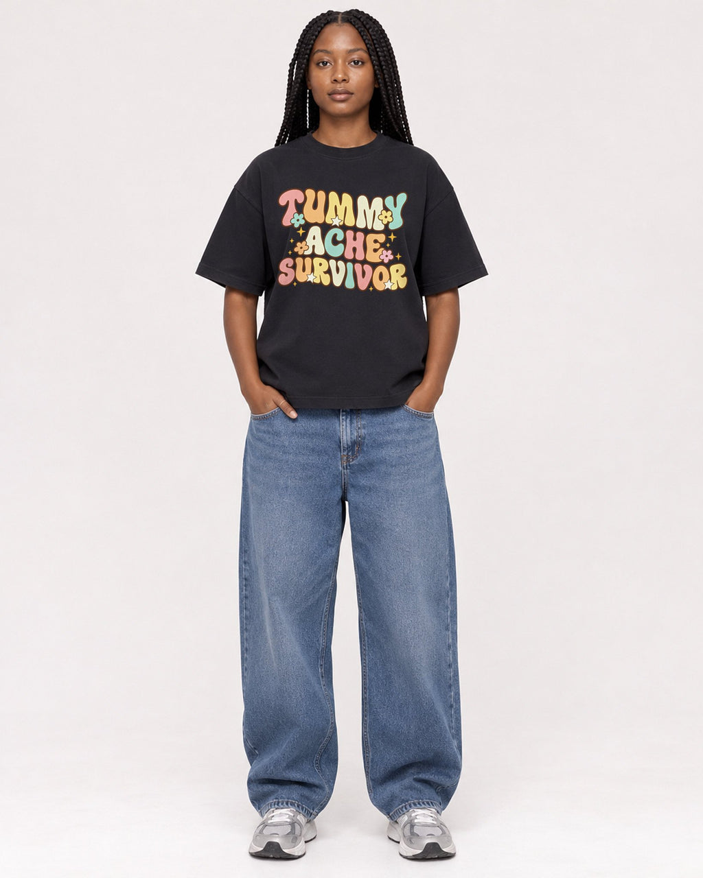 Mockup Boxy Heavyweight Tee Black female full-body 04