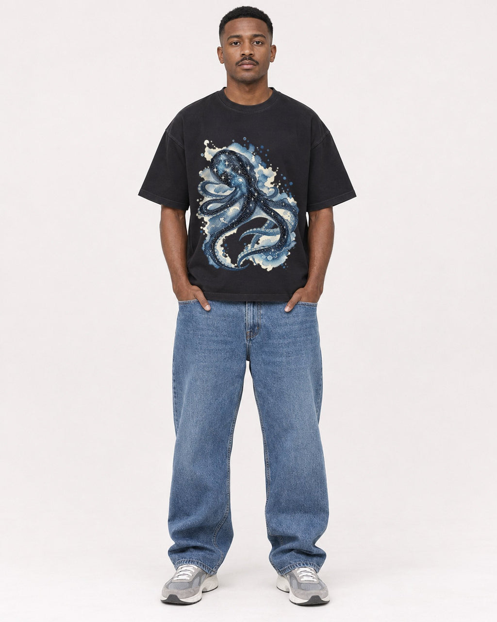 Mockup Boxy Heavyweight Tee Black male full-body 14