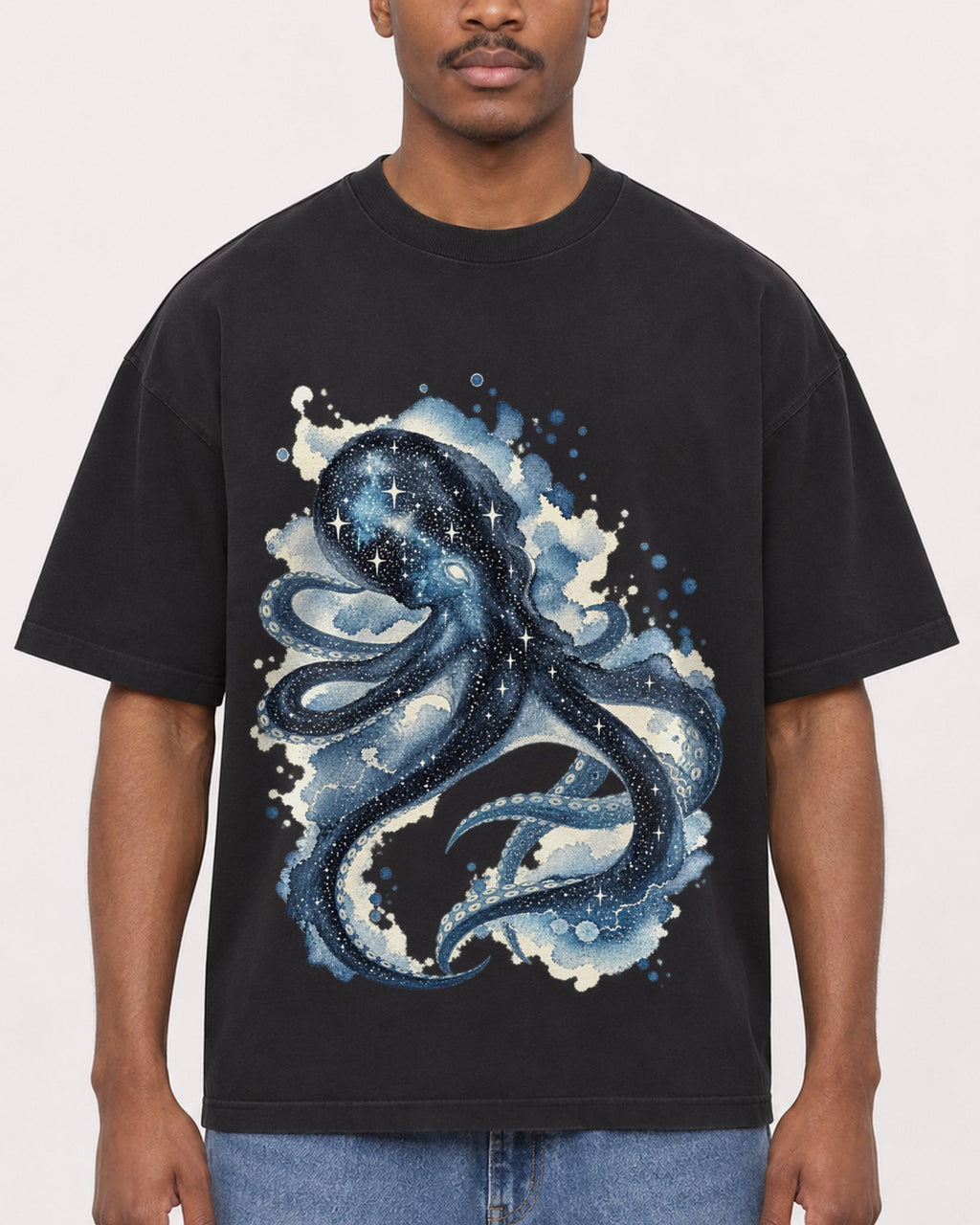 Mockup Boxy Heavyweight Tee Black male close-up 14