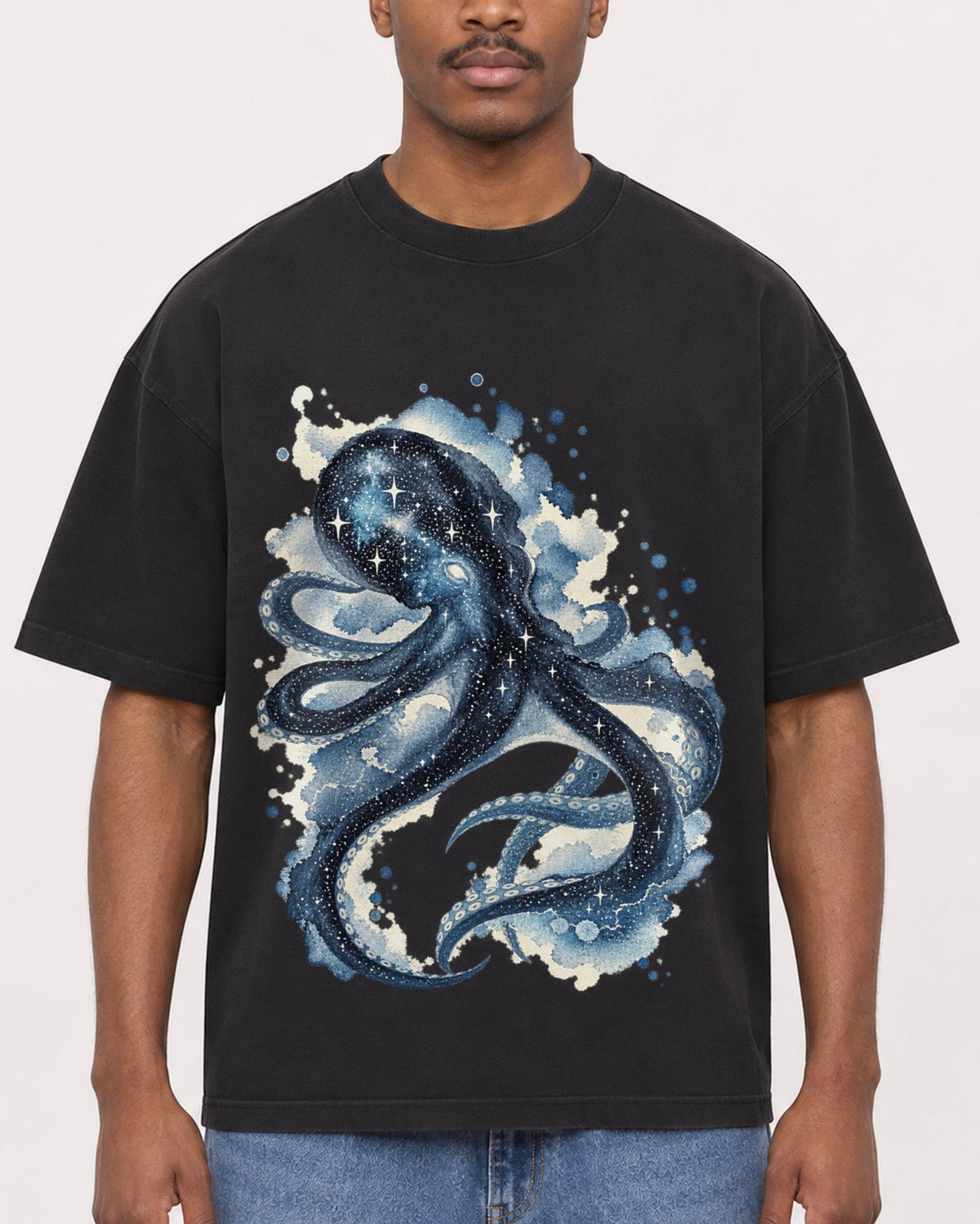 Mockup Boxy Heavyweight Tee Black male close-up 14