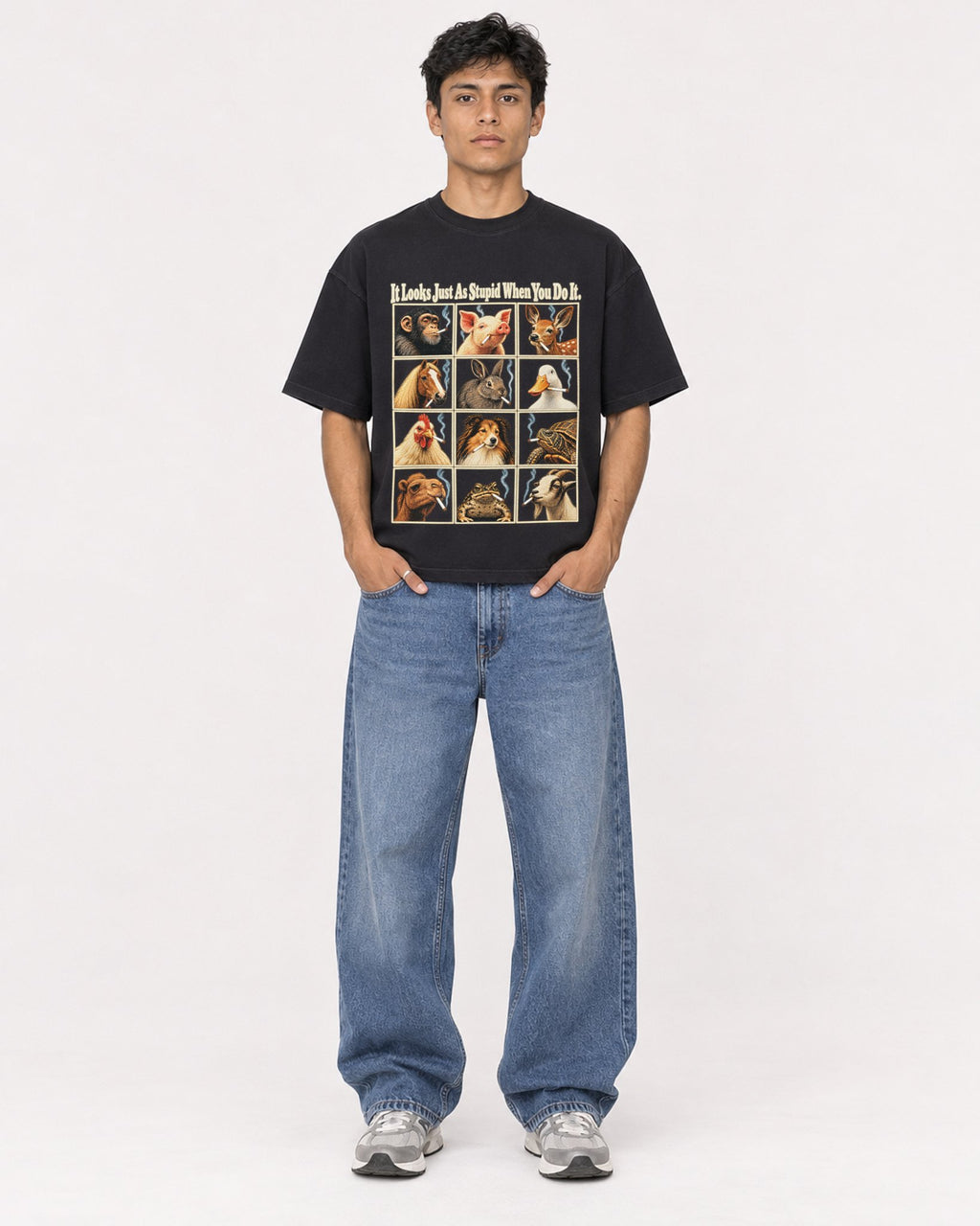 Mockup Boxy Heavyweight Tee Black male full-body 46