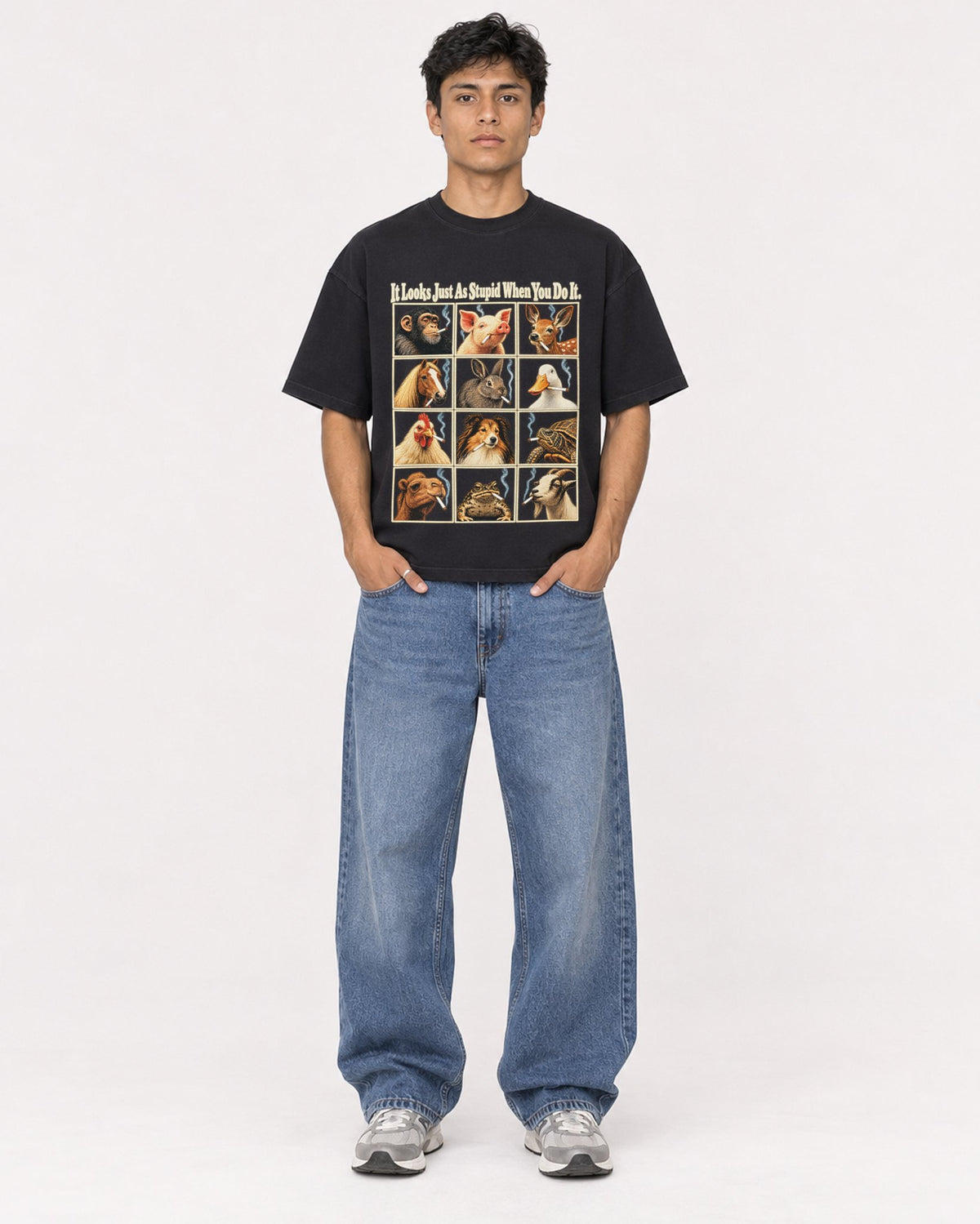 Mockup Boxy Heavyweight Tee Black male full-body 46