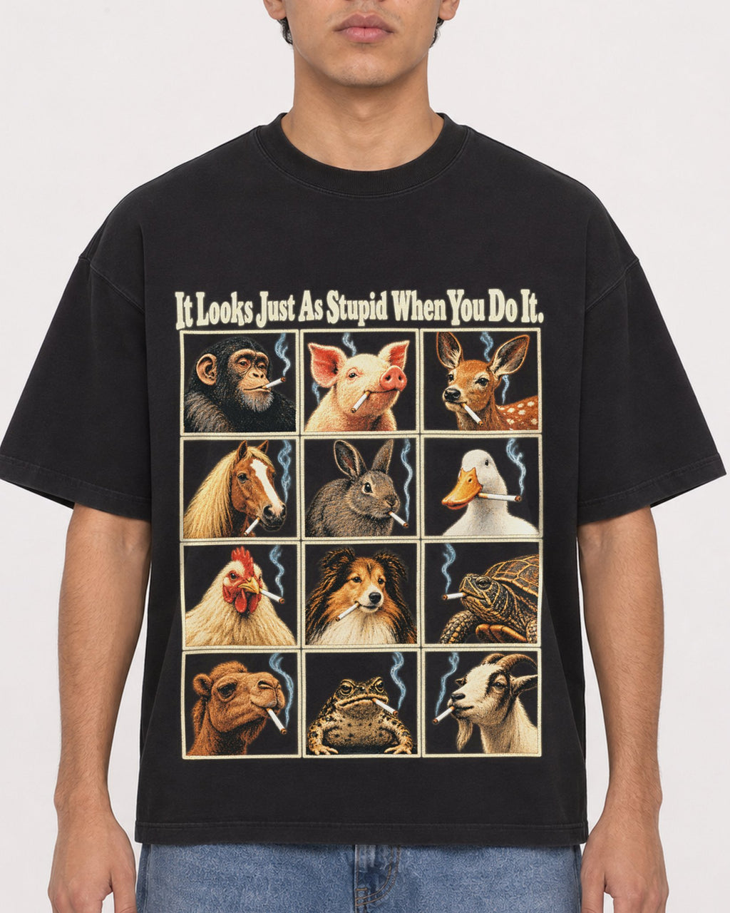 Mockup Boxy Heavyweight Tee Black male close-up 46
