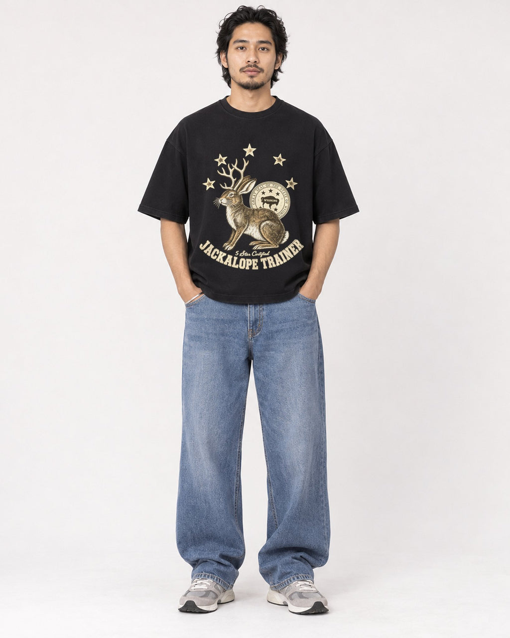Mockup Boxy Heavyweight Tee Black male full-body 22