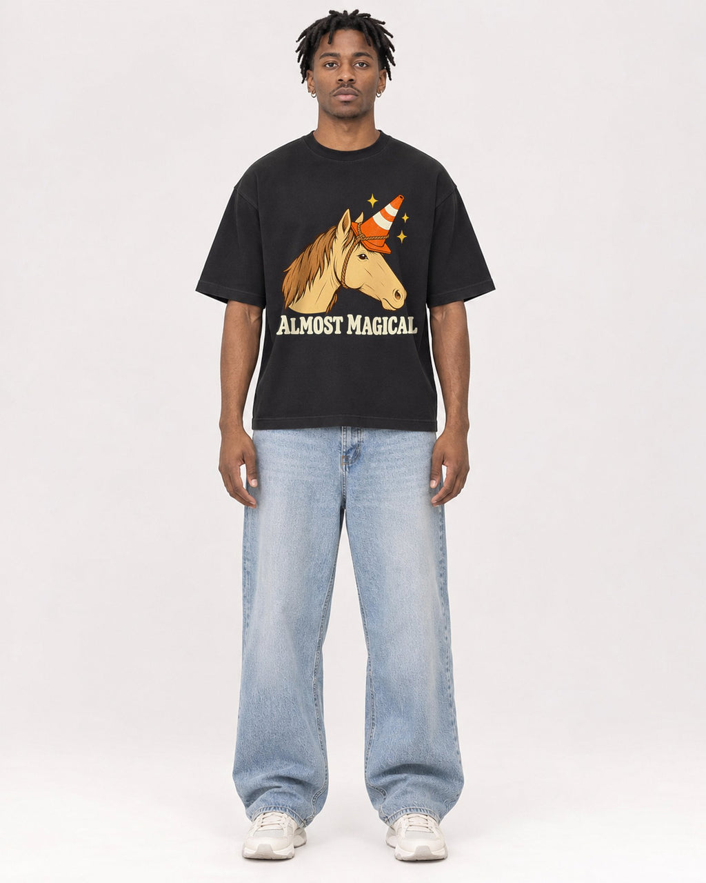 Mockup Boxy Heavyweight Tee Black male full-body 05