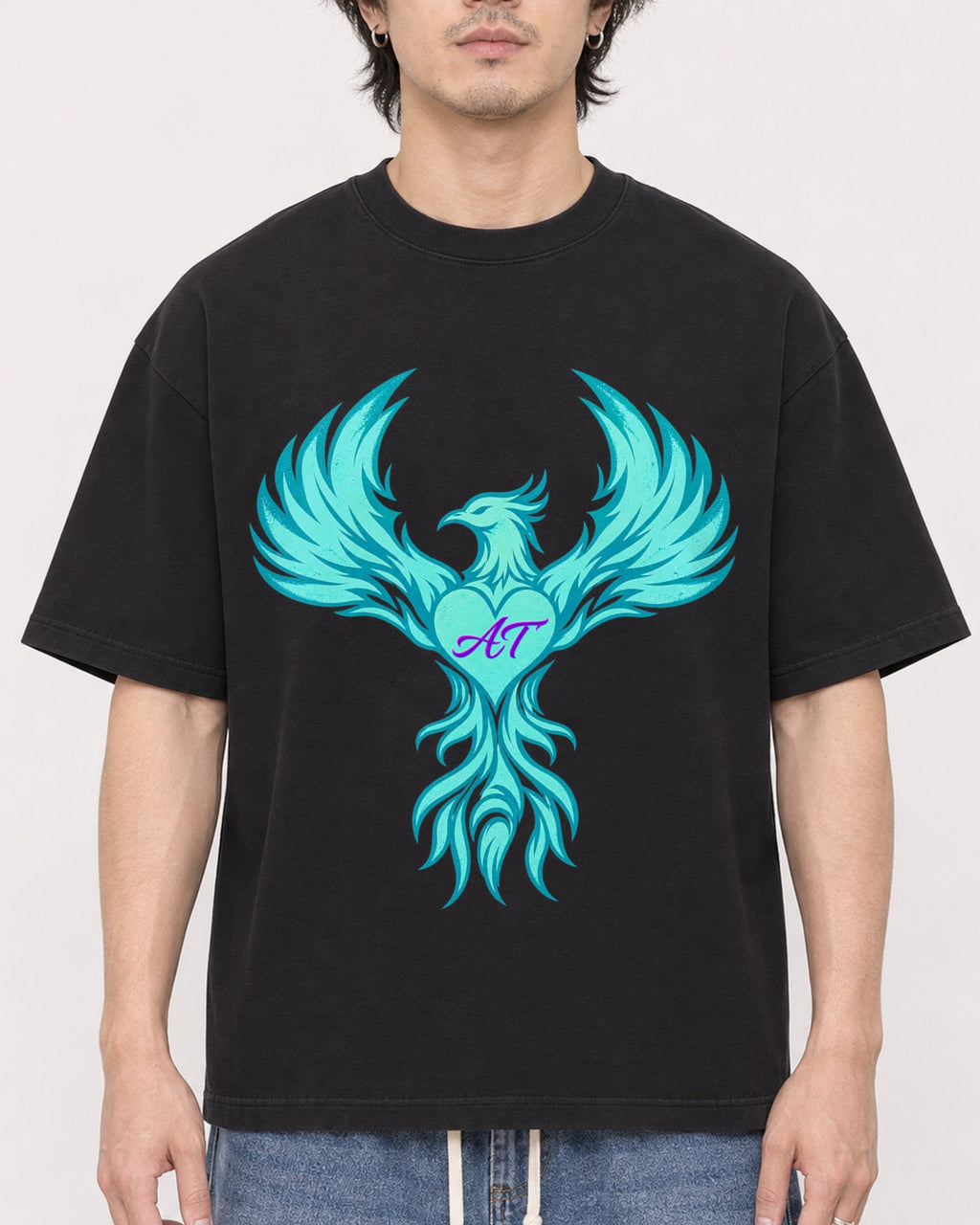 Mockup Boxy Heavyweight Tee Black male close-up 03