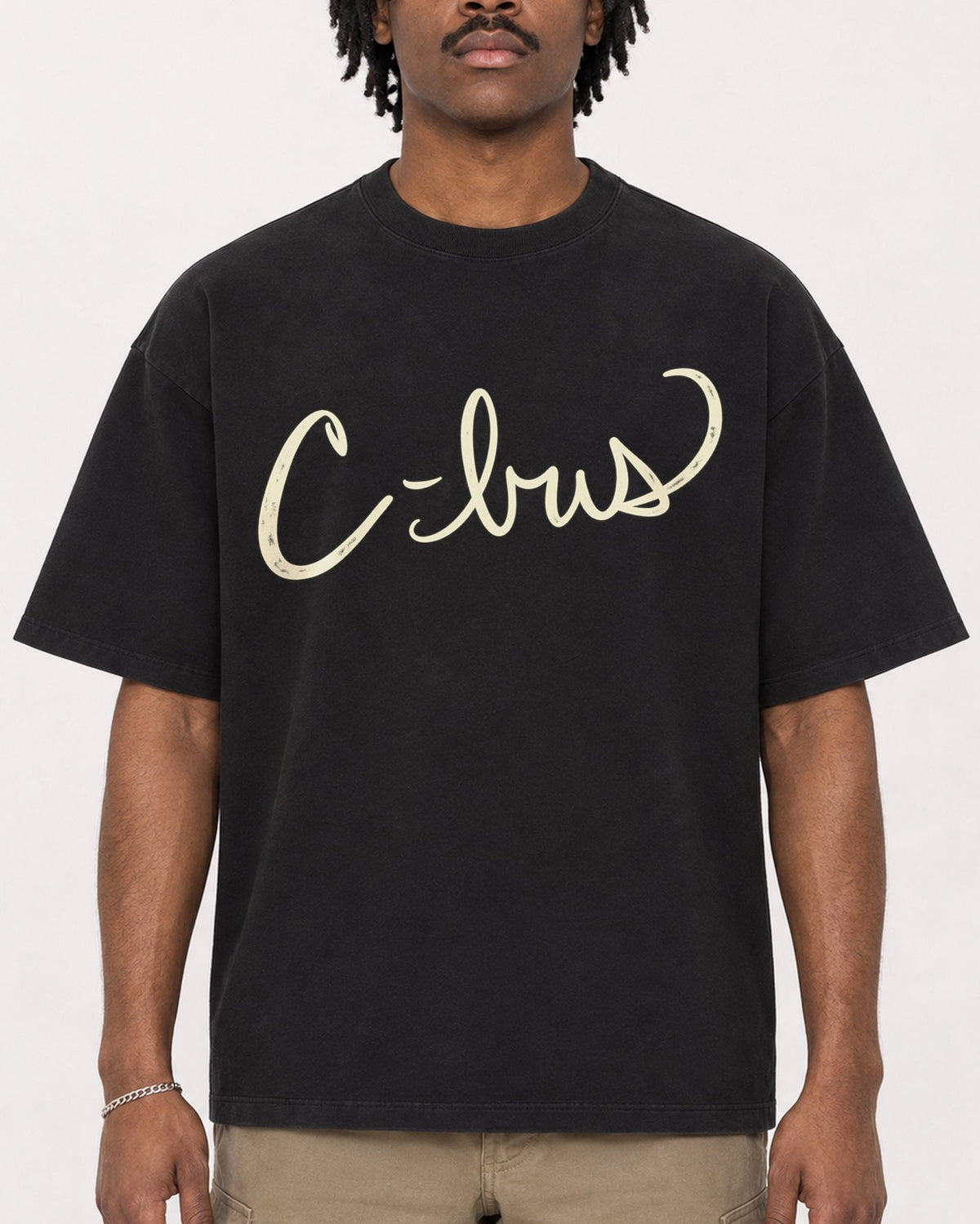 Mockup Boxy Heavyweight Tee Black male close-up 04