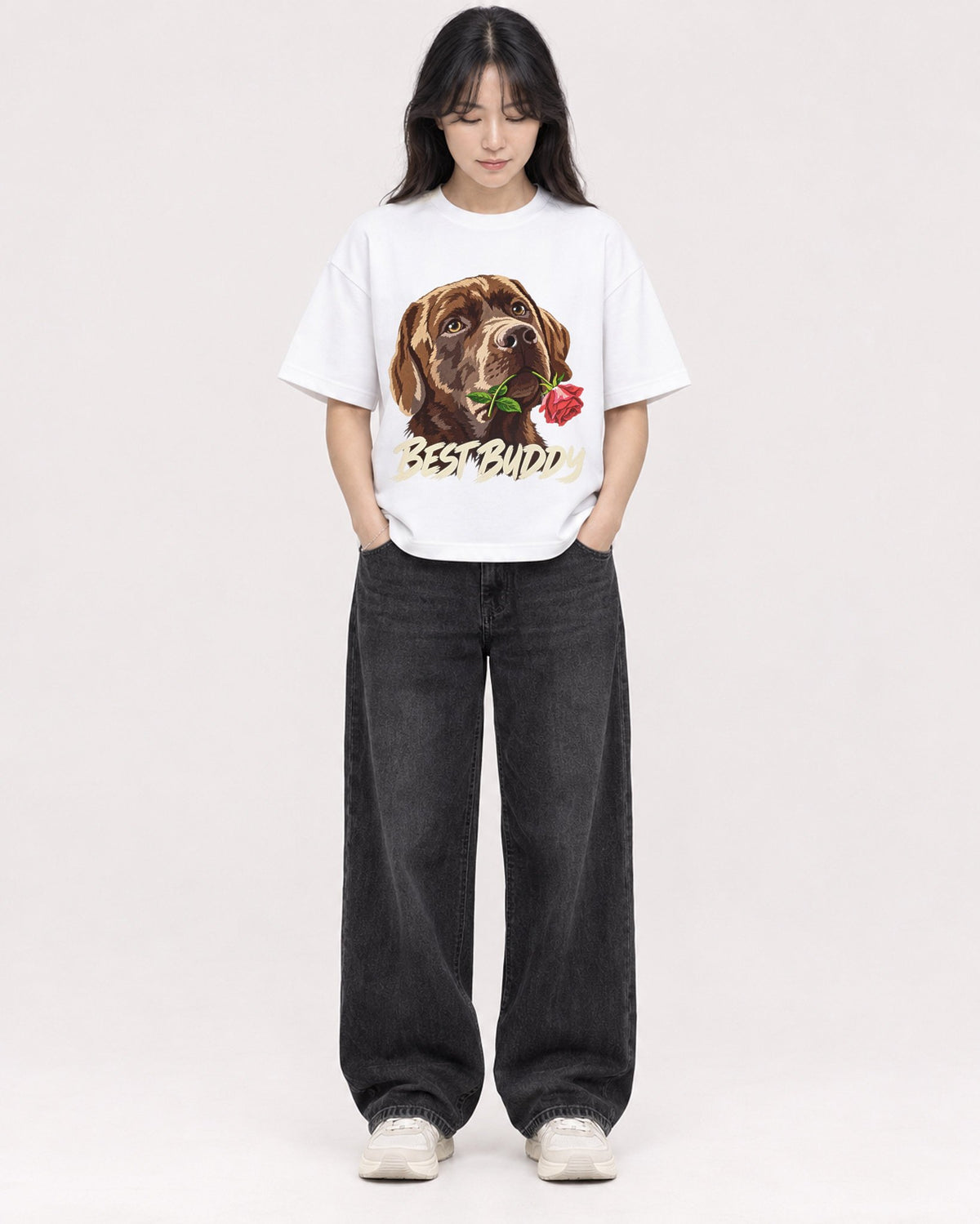 Mockup Boxy Heavyweight Tee White female full-body 13