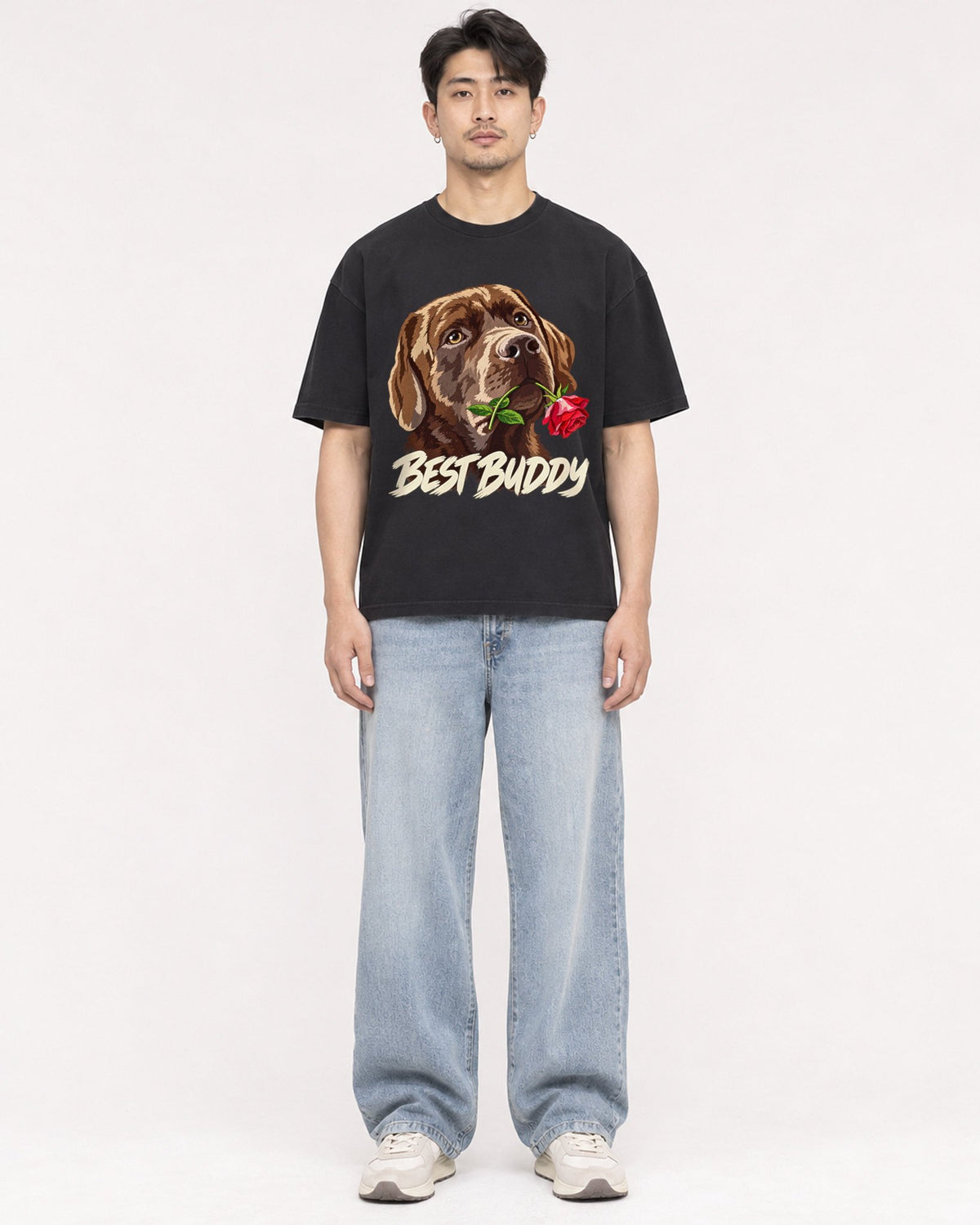 Mockup Boxy Heavyweight Tee Black male full-body 13