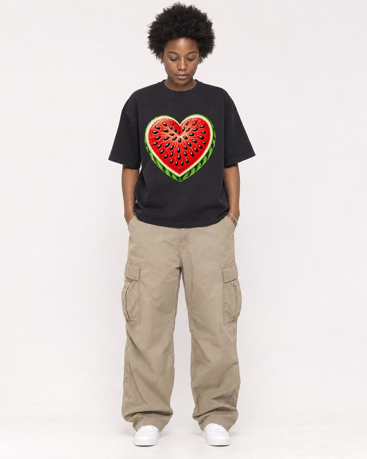 Mockup Boxy Heavyweight Tee Black female full-body 14