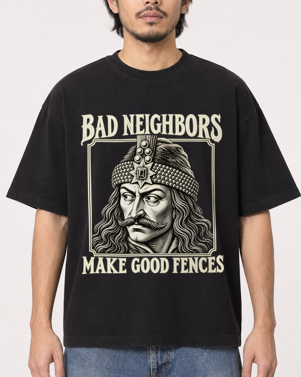 Mockup Boxy Heavyweight Tee Black male close-up 22