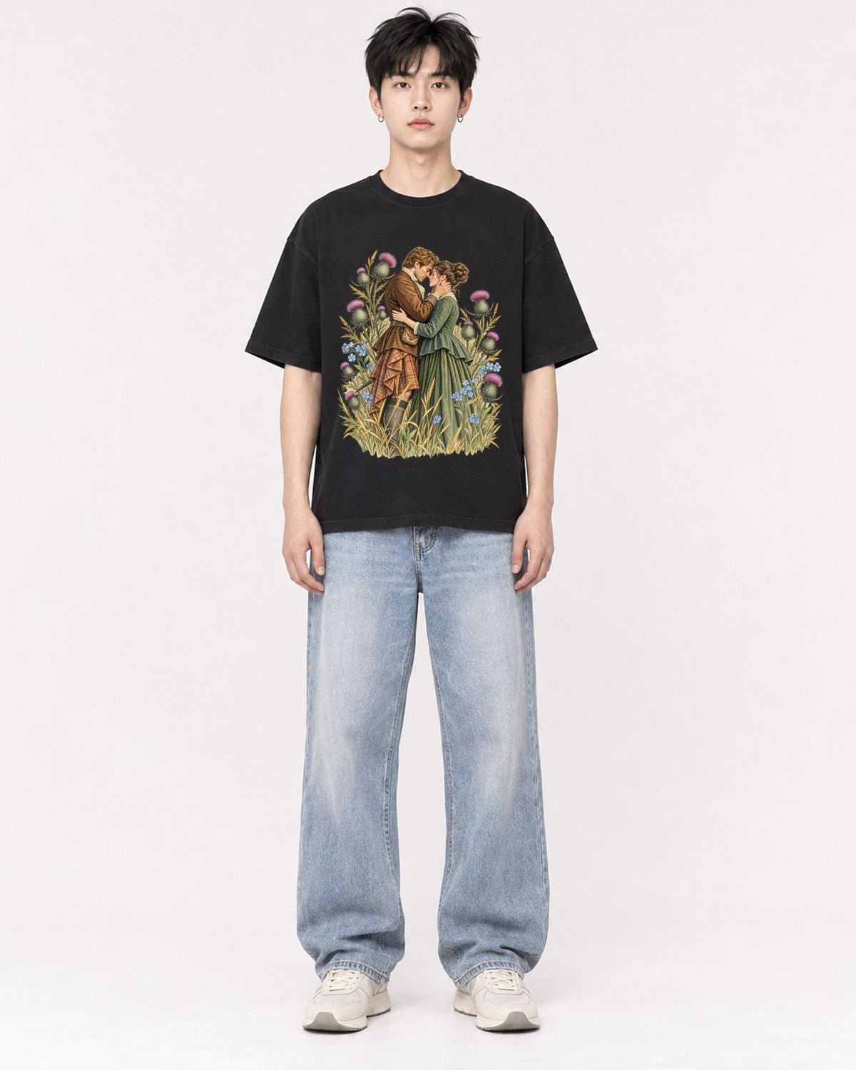 Mockup Boxy Heavyweight Tee Black male full-body 01