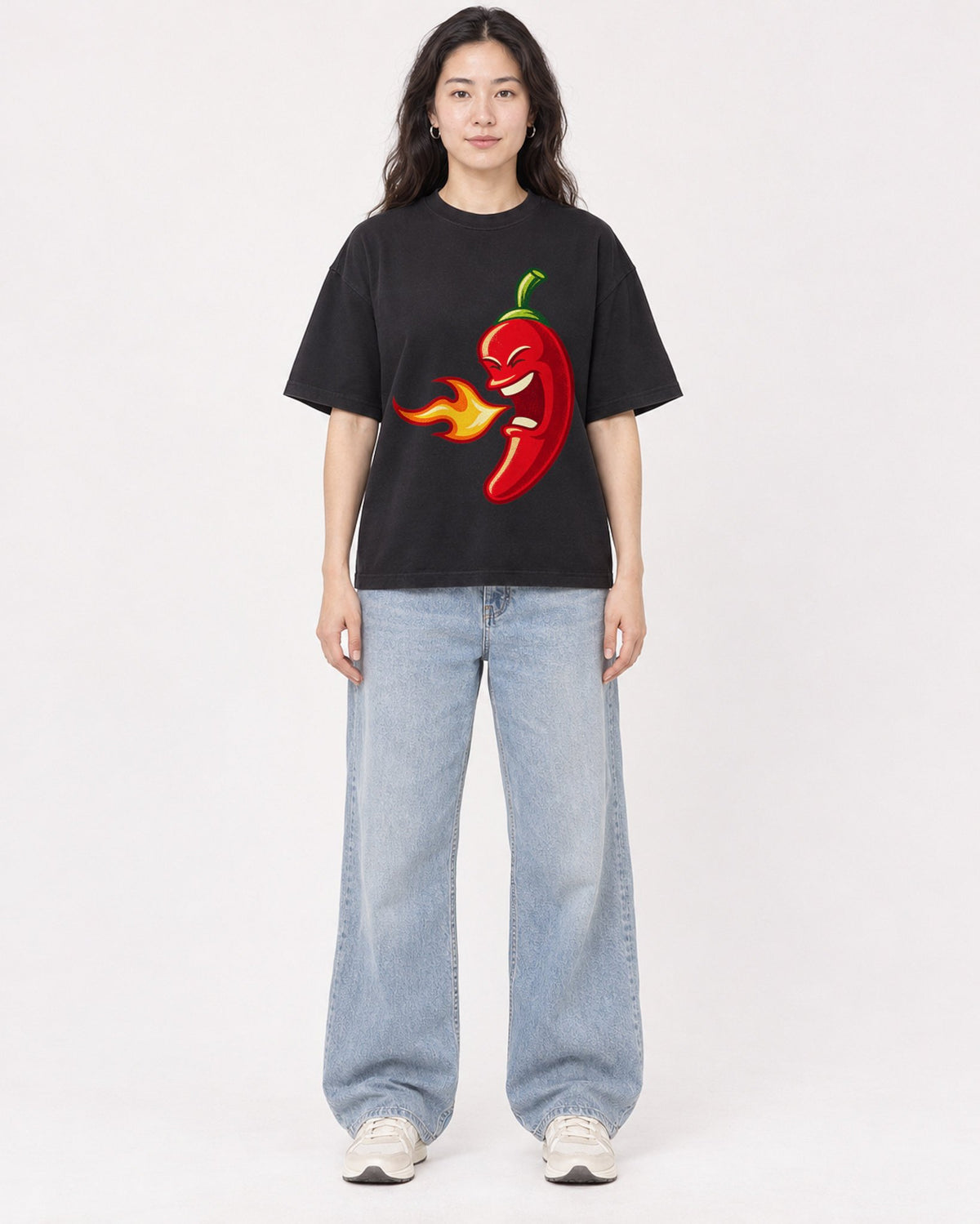 Mockup Boxy Heavyweight Tee Black female full-body 03