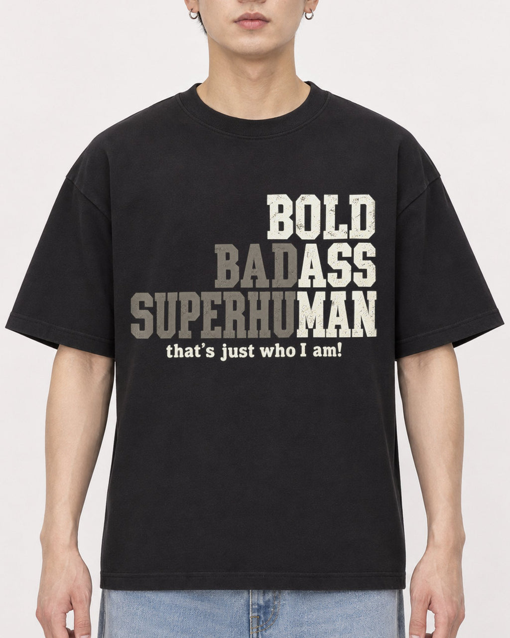 Mockup Boxy Heavyweight Tee Black male close-up 01