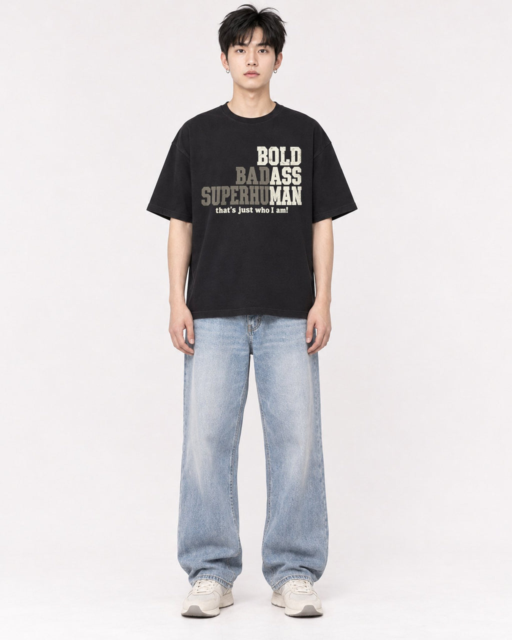 Mockup Boxy Heavyweight Tee Black male full-body 01