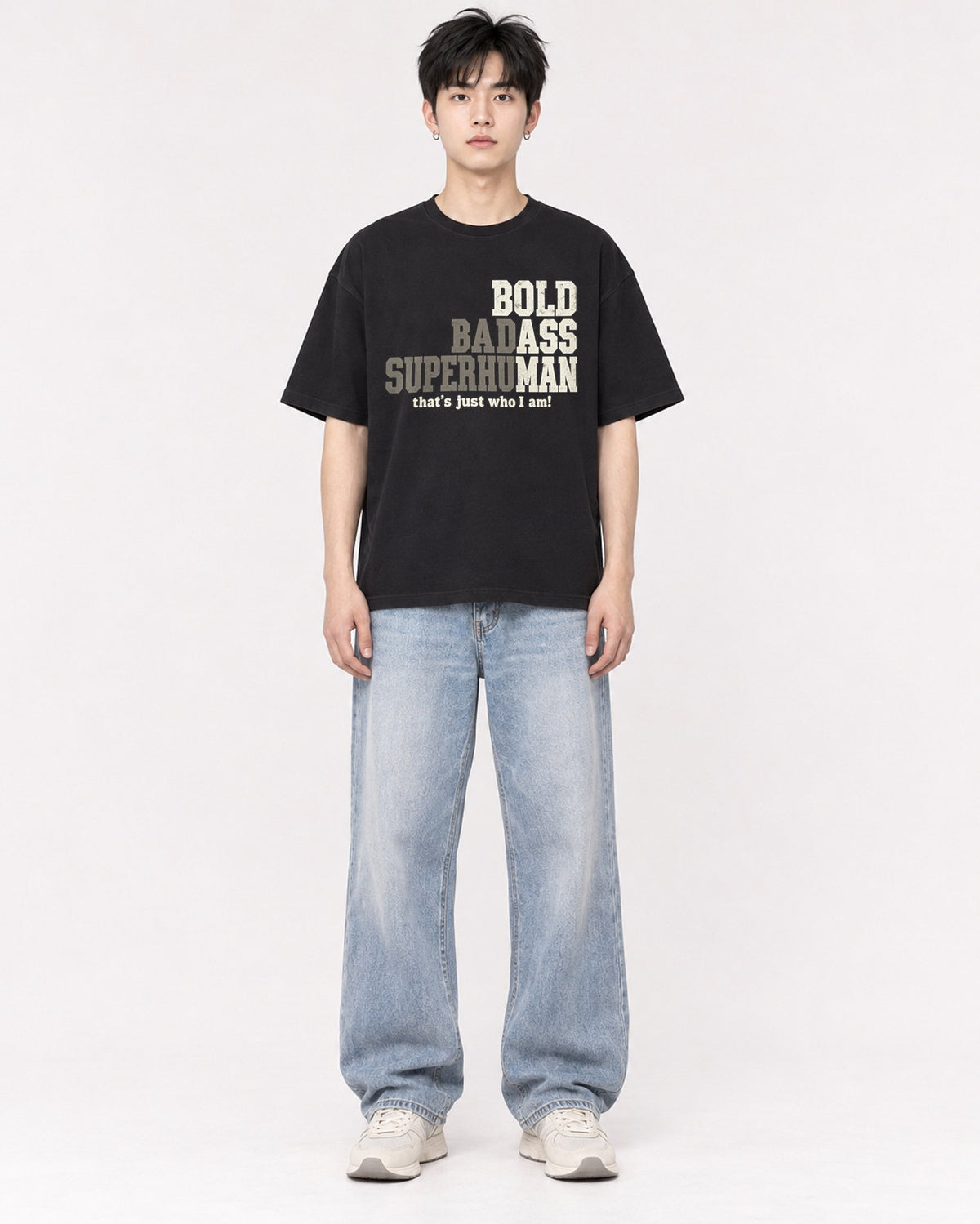 Mockup Boxy Heavyweight Tee Black male full-body 01
