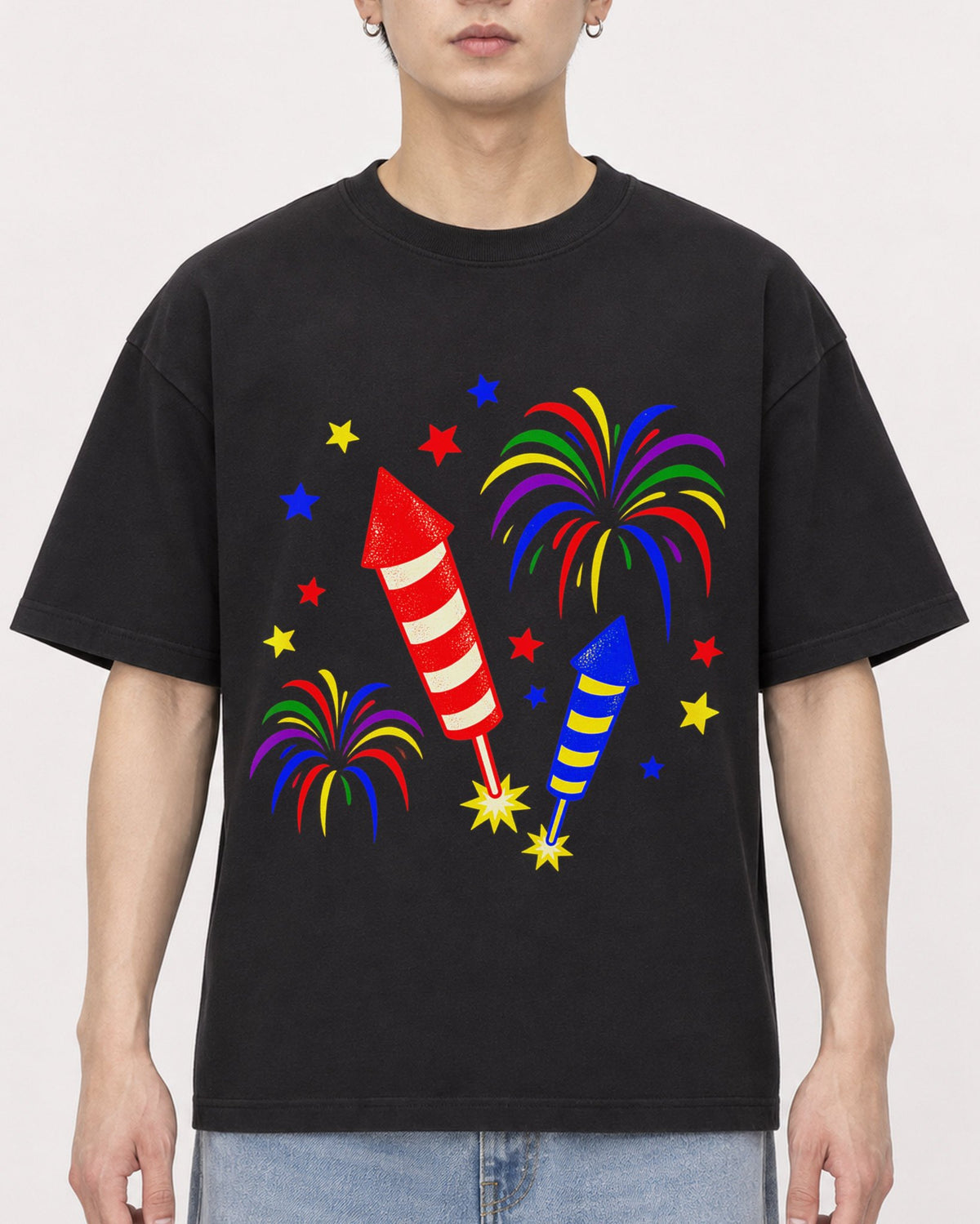 Mockup Boxy Heavyweight Tee Black male close-up 01