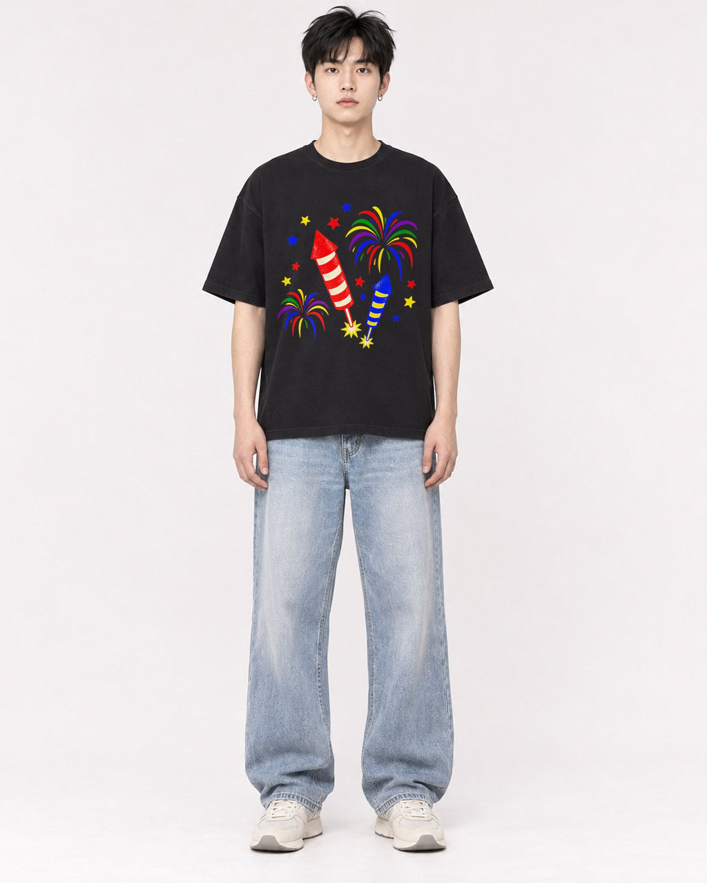 Mockup Boxy Heavyweight Tee Black male full-body 01