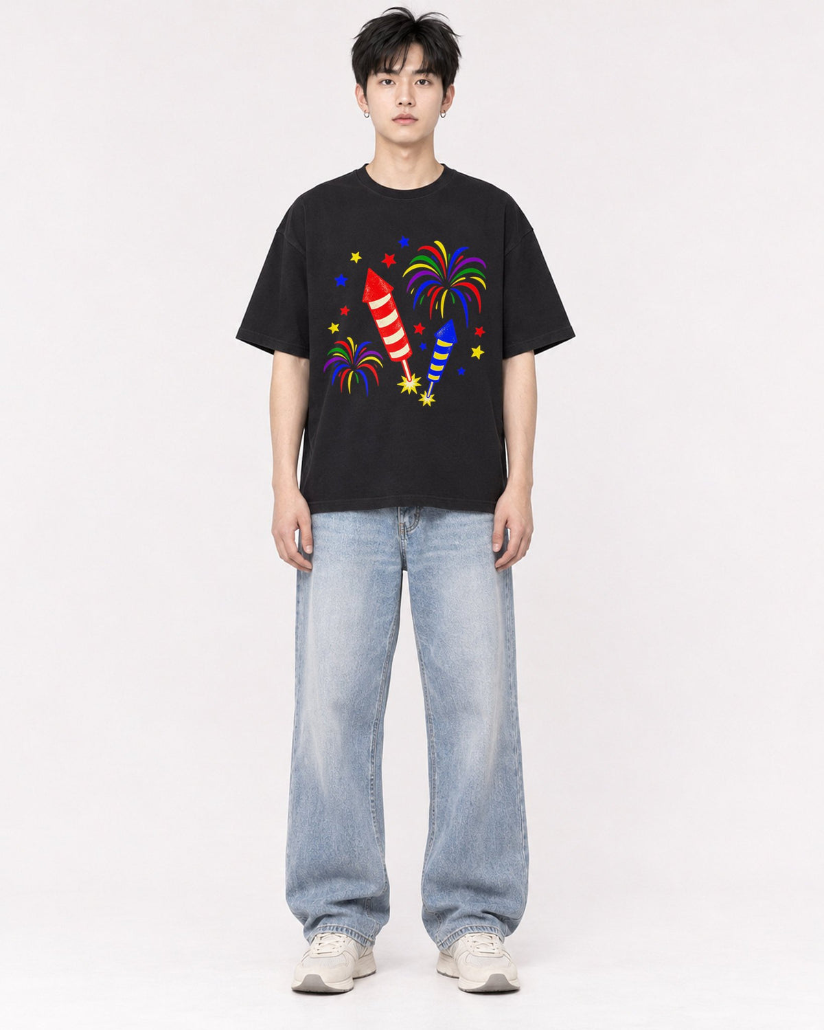 Mockup Boxy Heavyweight Tee Black male full-body 01