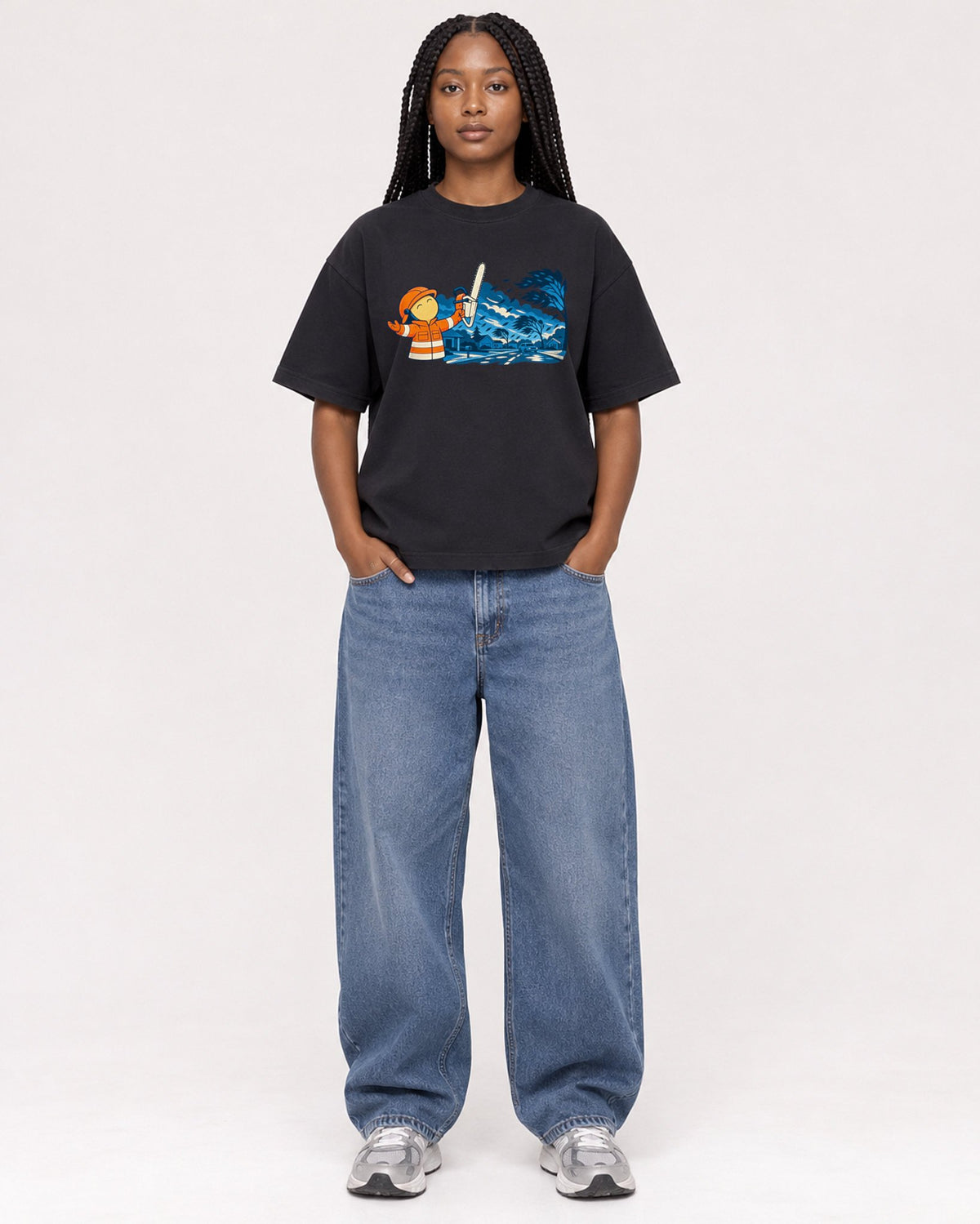 Mockup Boxy Heavyweight Tee Black female full-body 04