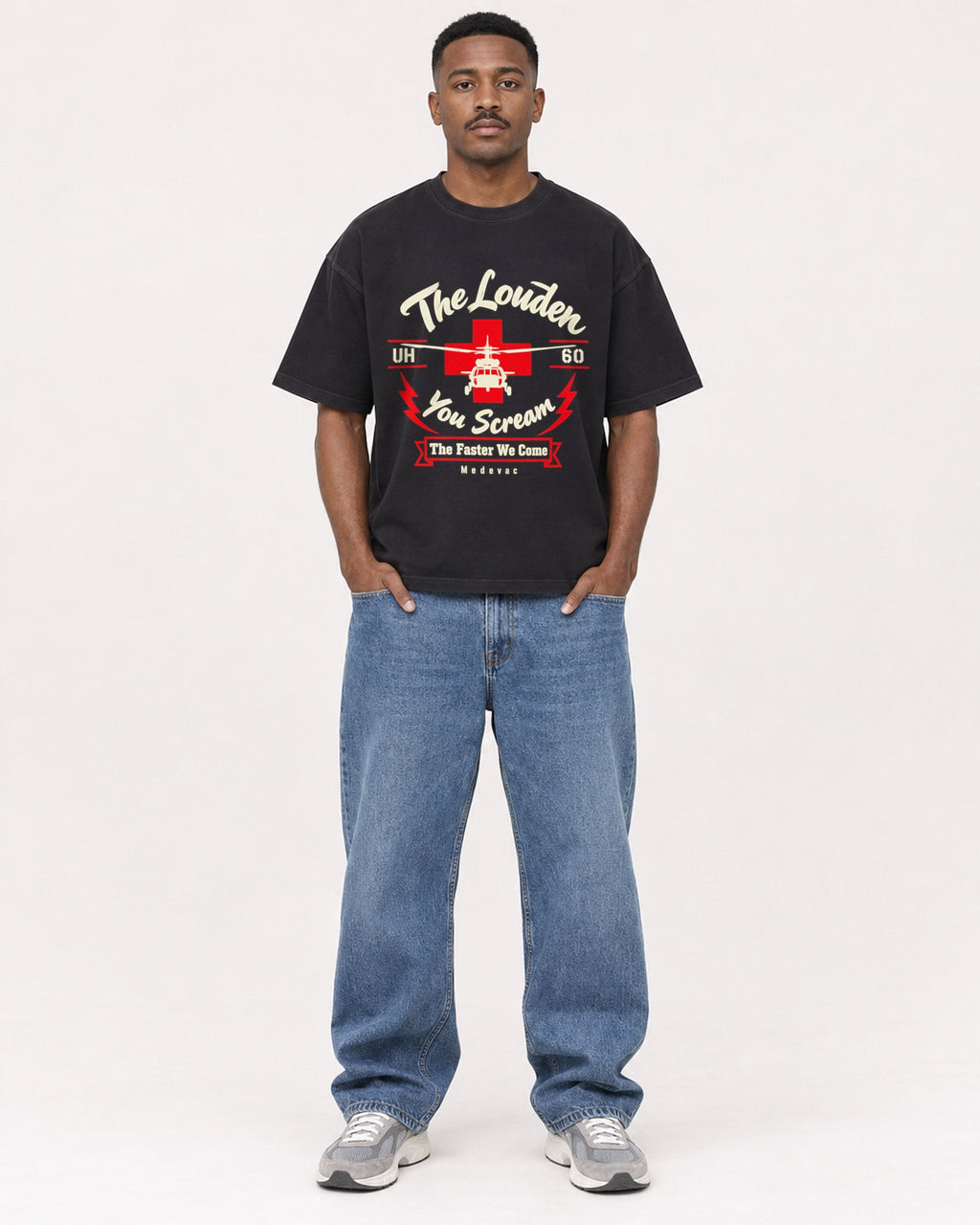 Mockup Boxy Heavyweight Tee Black male full-body 14