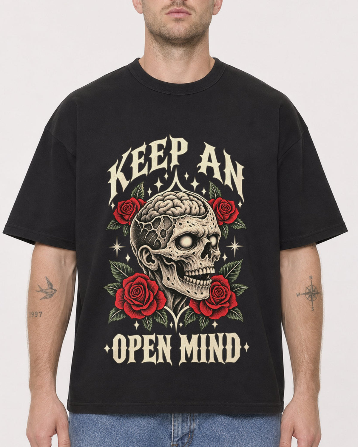Mockup Boxy Heavyweight Tee Black male close-up 18