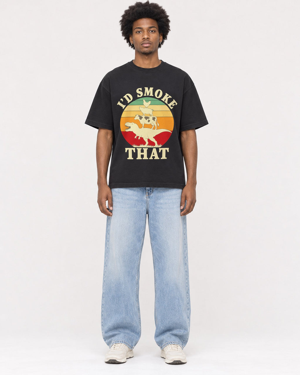 Mockup Boxy Heavyweight Tee Black male full-body 45