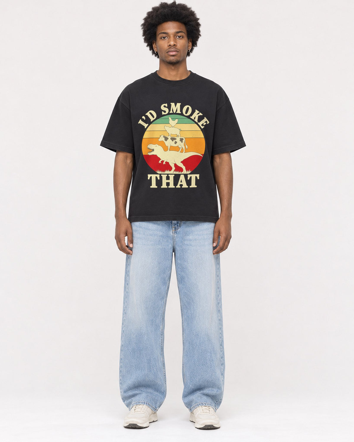 Mockup Boxy Heavyweight Tee Black male full-body 45