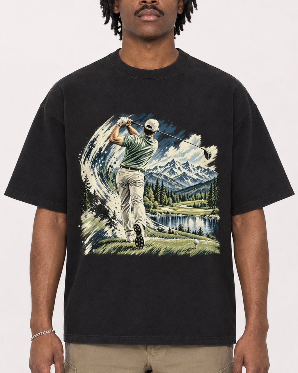 Mockup Boxy Heavyweight Tee Black male close-up 04