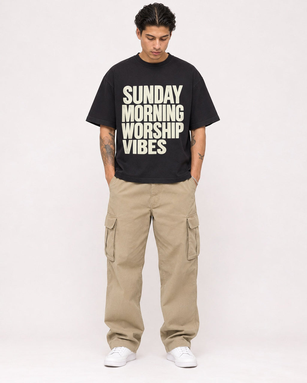 Mockup Boxy Heavyweight Tee Black male full-body 36