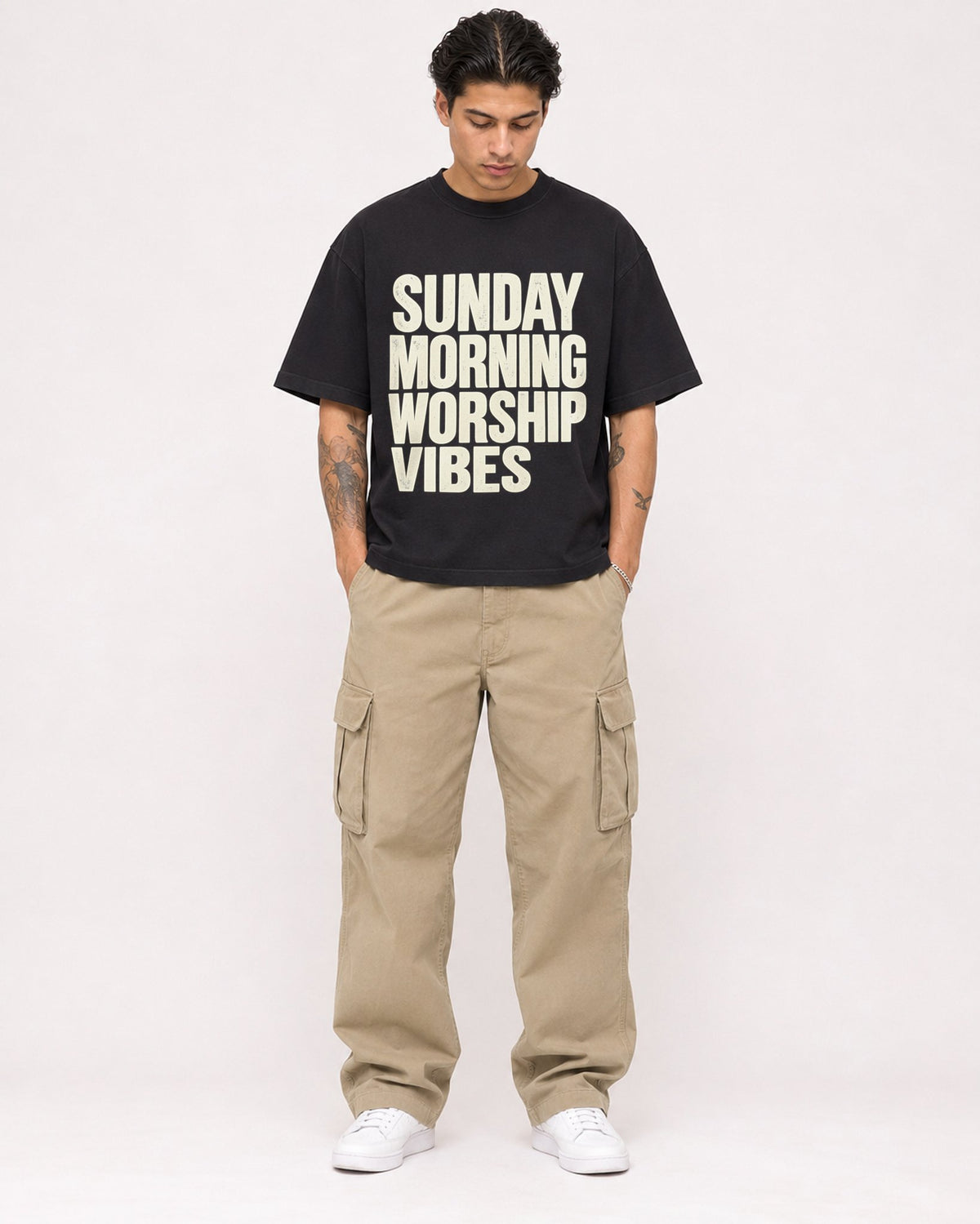 Mockup Boxy Heavyweight Tee Black male full-body 36