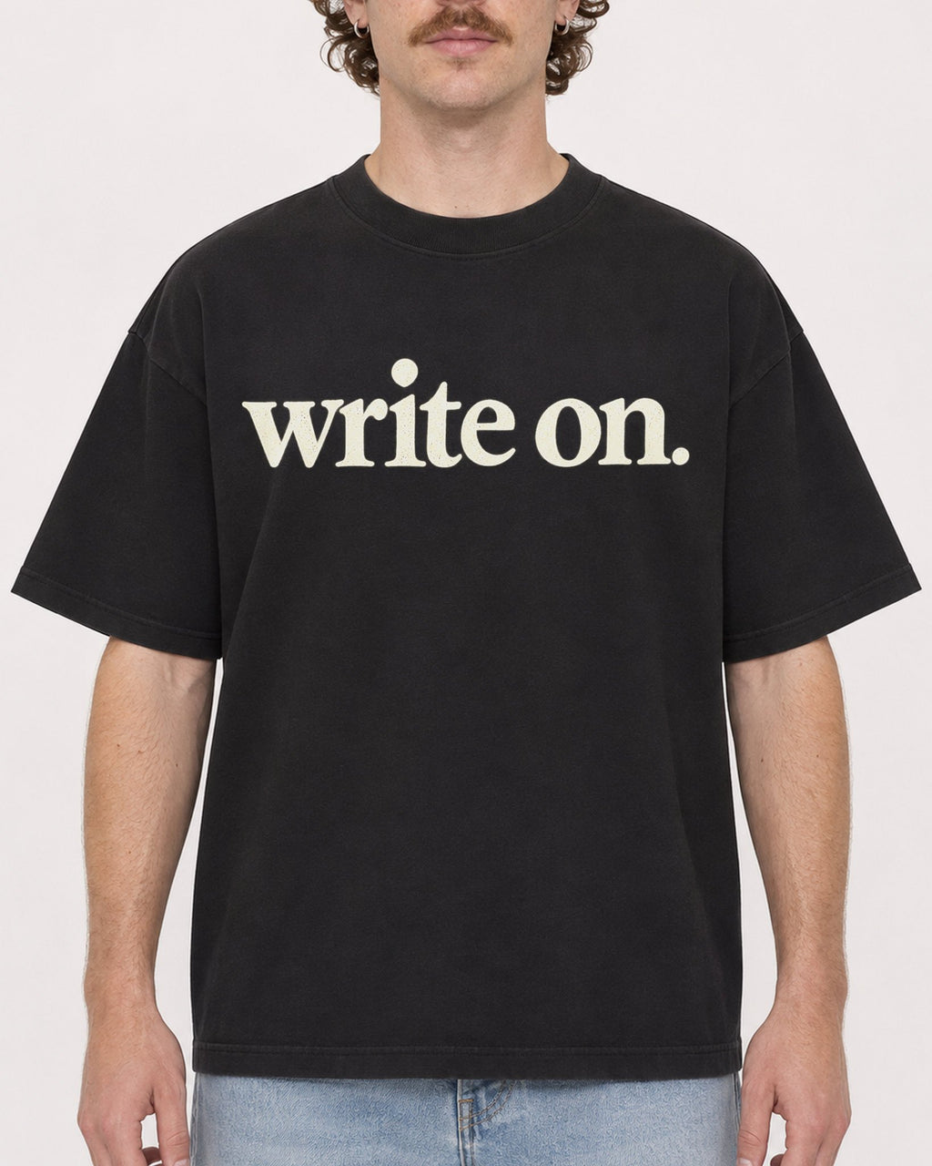 Mockup Boxy Heavyweight Tee Black male close-up 09