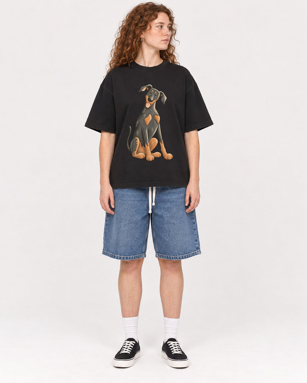 Mockup Boxy Heavyweight Tee Black female full-body 09