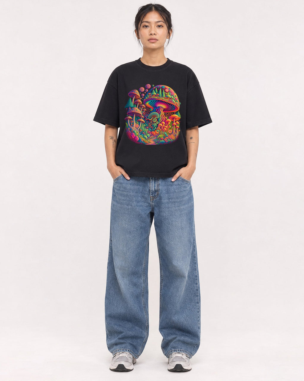 Mockup Boxy Heavyweight Tee Black female full-body 12