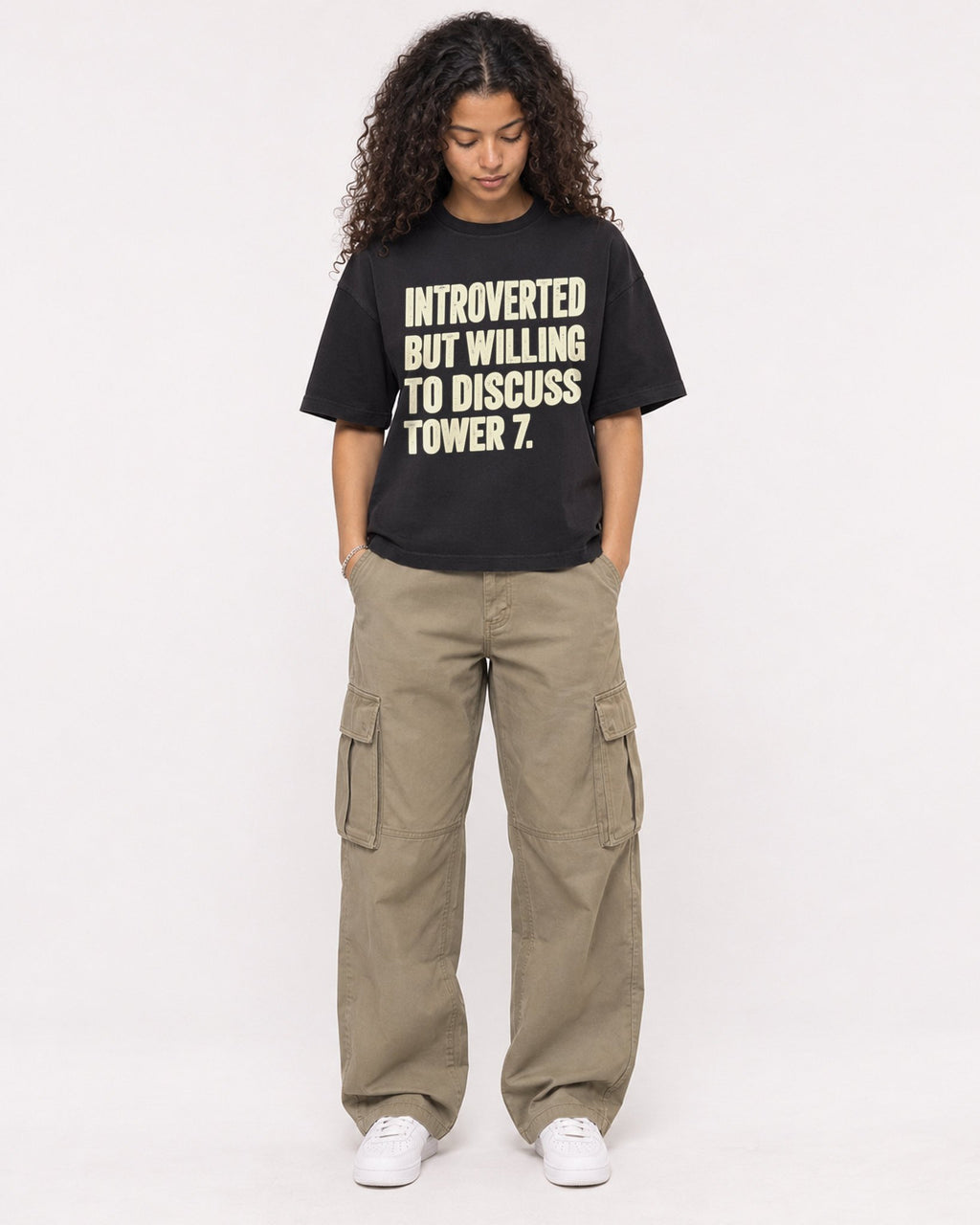 Mockup Boxy Heavyweight Tee Black female full-body 10