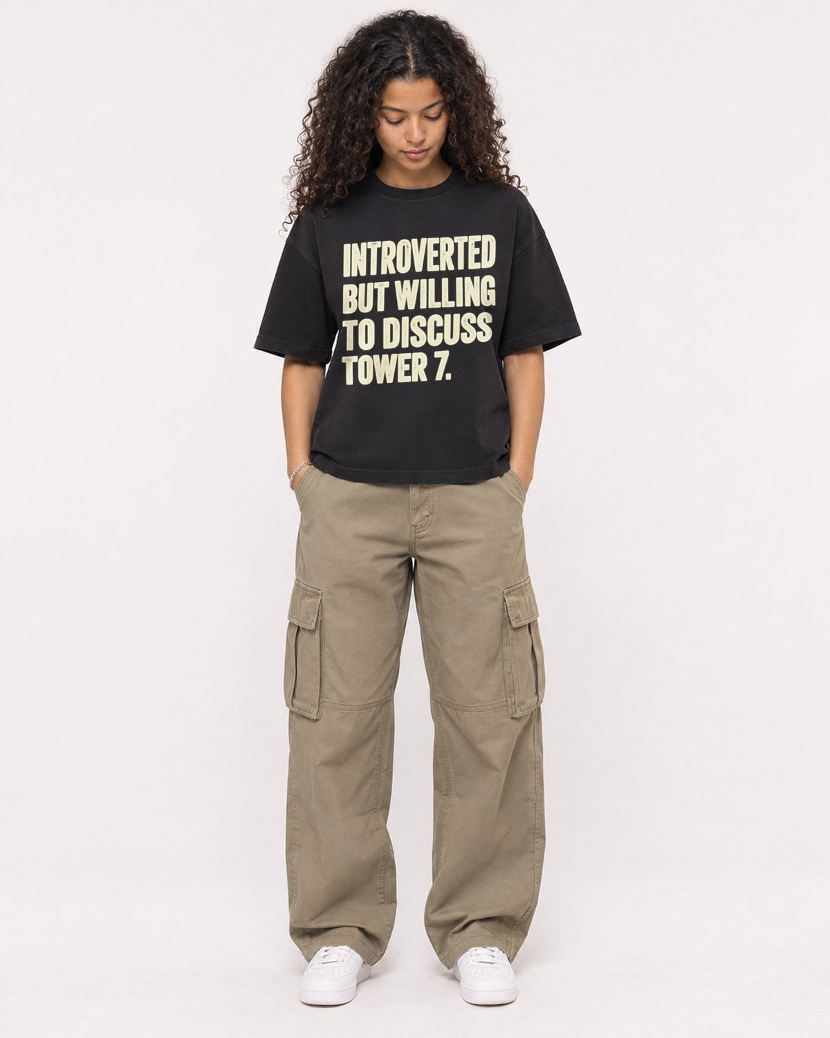 Mockup Boxy Heavyweight Tee Black female full-body 10