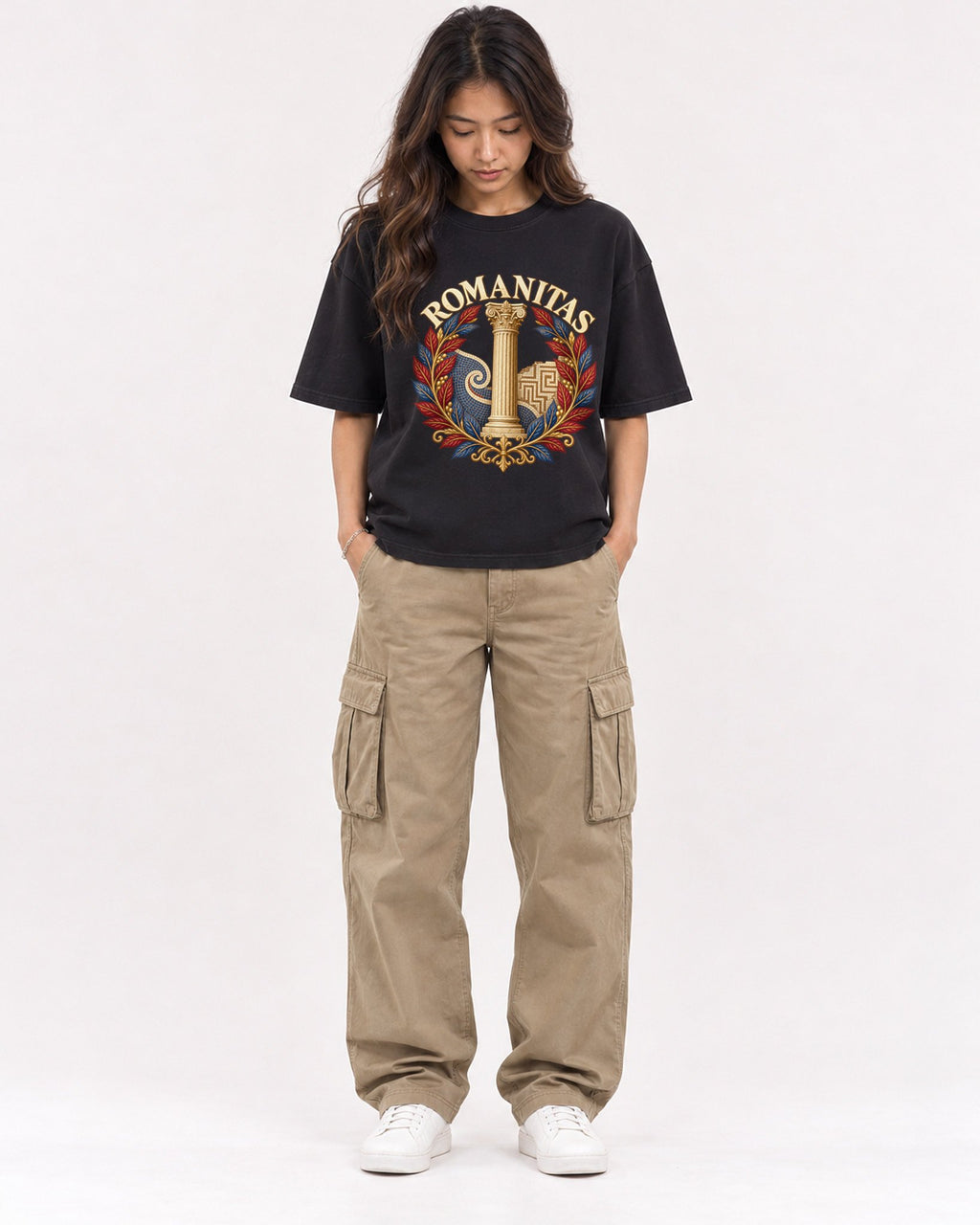 Mockup Boxy Heavyweight Tee Black female full-body 02