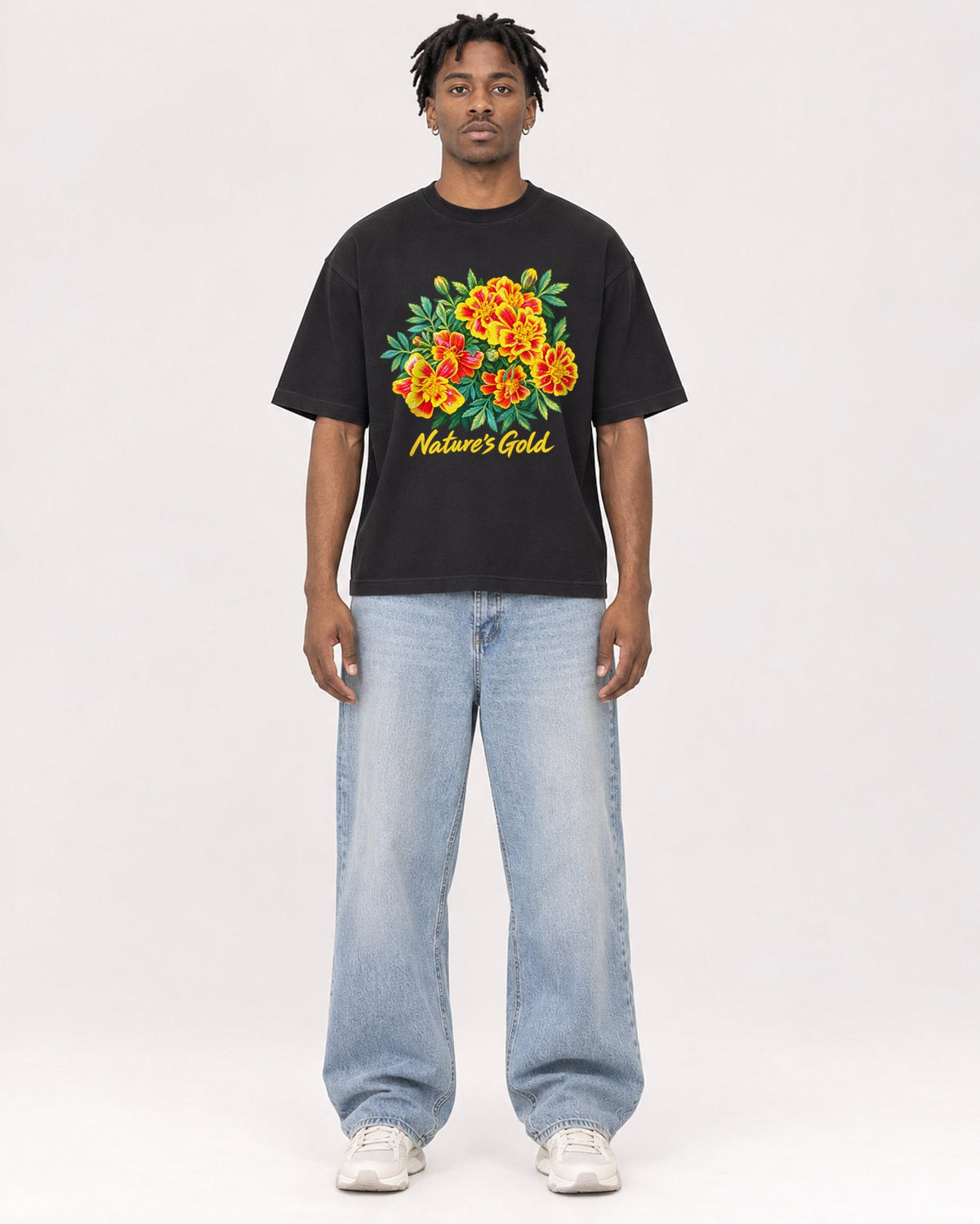 Mockup Boxy Heavyweight Tee Black male full-body 05