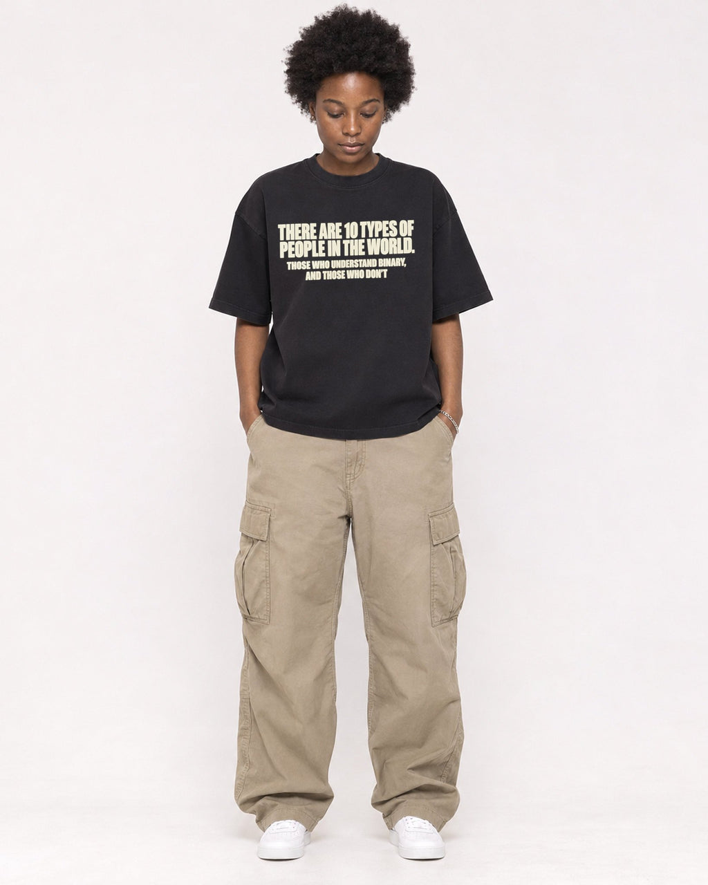 Mockup Boxy Heavyweight Tee Black female full-body 14