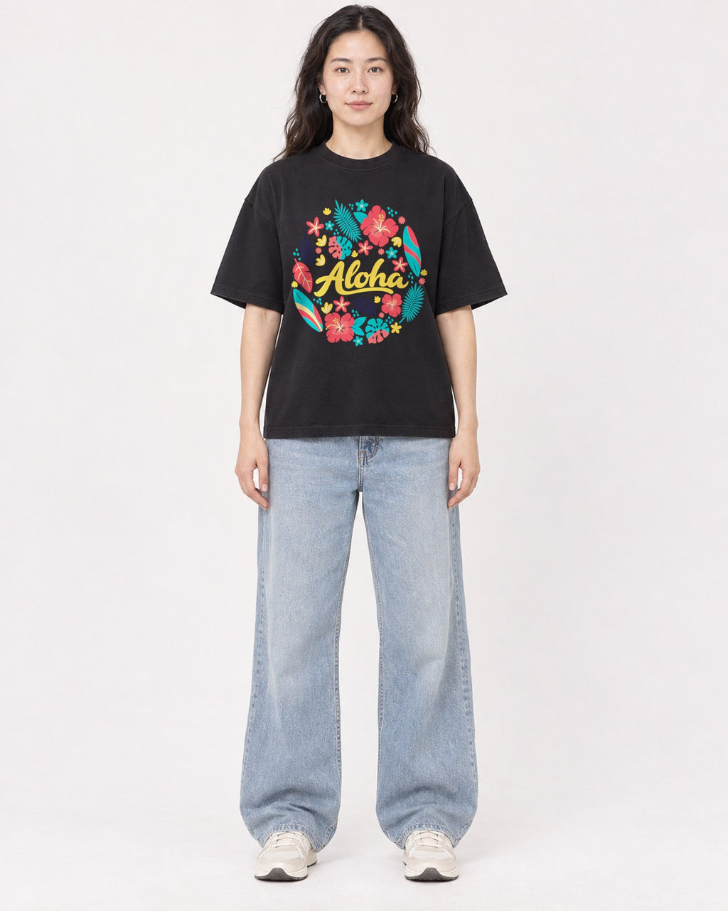 Mockup Boxy Heavyweight Tee Black female full-body 03