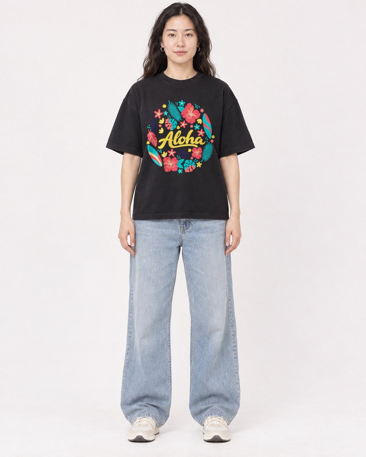 Mockup Boxy Heavyweight Tee Black female full-body 03