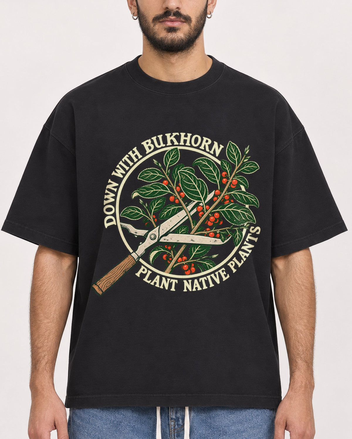 Mockup Boxy Heavyweight Tee Black male close-up 07