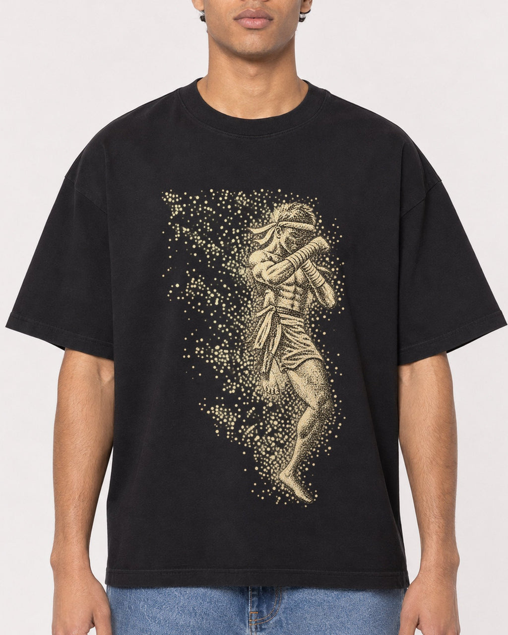 Mockup Boxy Heavyweight Tee Black male close-up 10