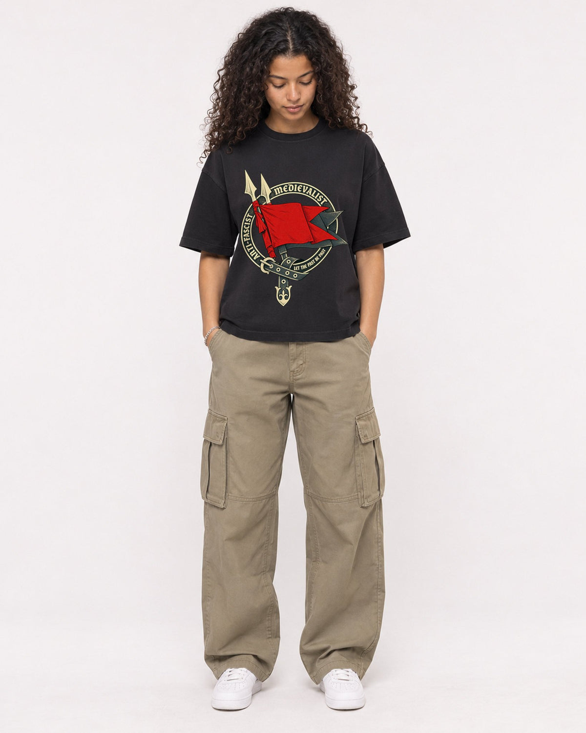 Mockup Boxy Heavyweight Tee Black female full-body 10