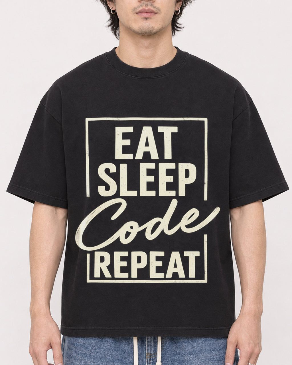 Mockup Boxy Heavyweight Tee Black male close-up 03