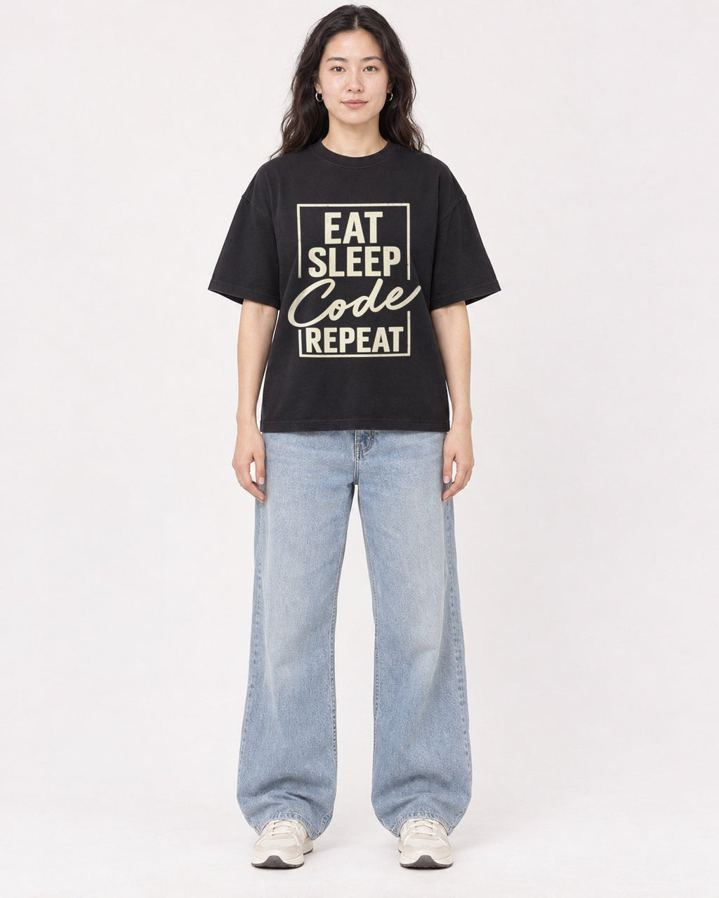 Mockup Boxy Heavyweight Tee Black female full-body 03