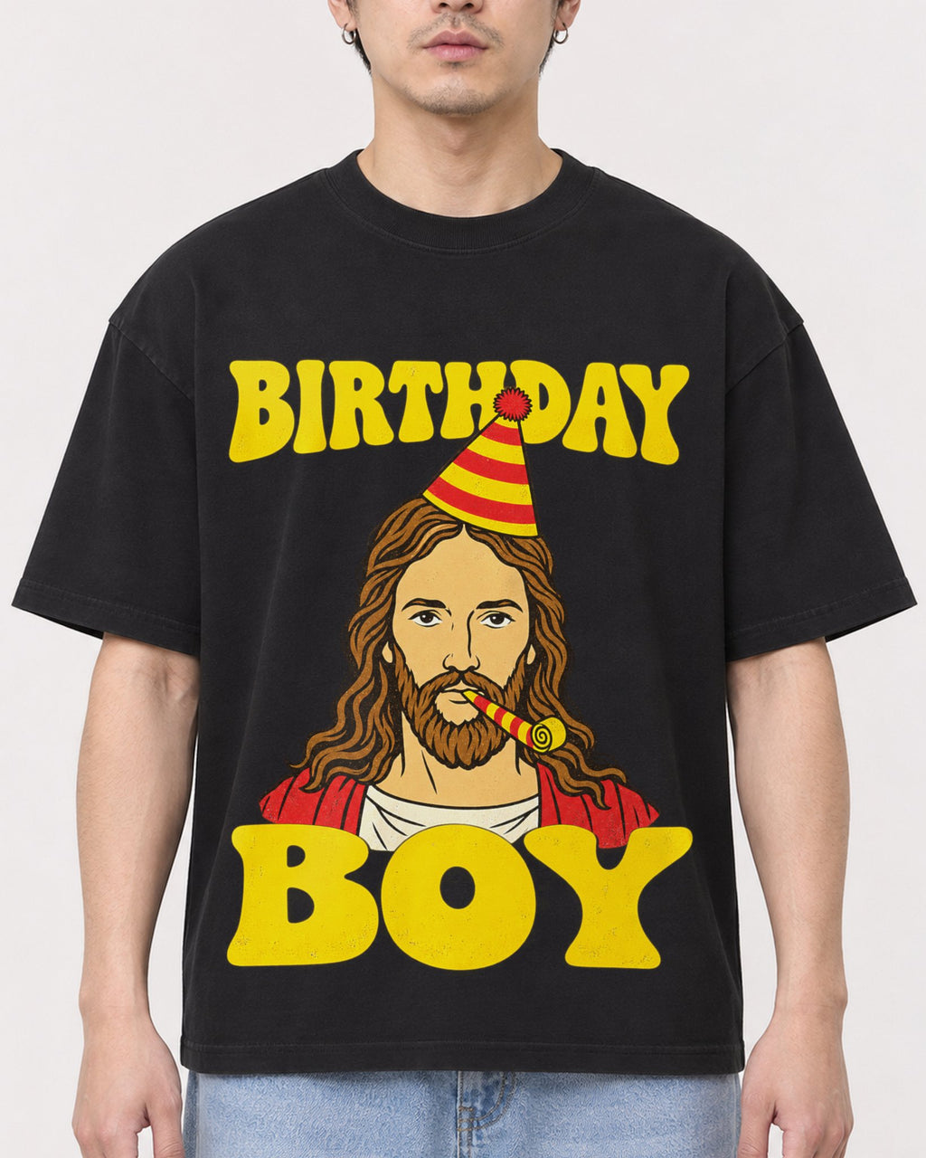 Mockup Boxy Heavyweight Tee Black male close-up 13