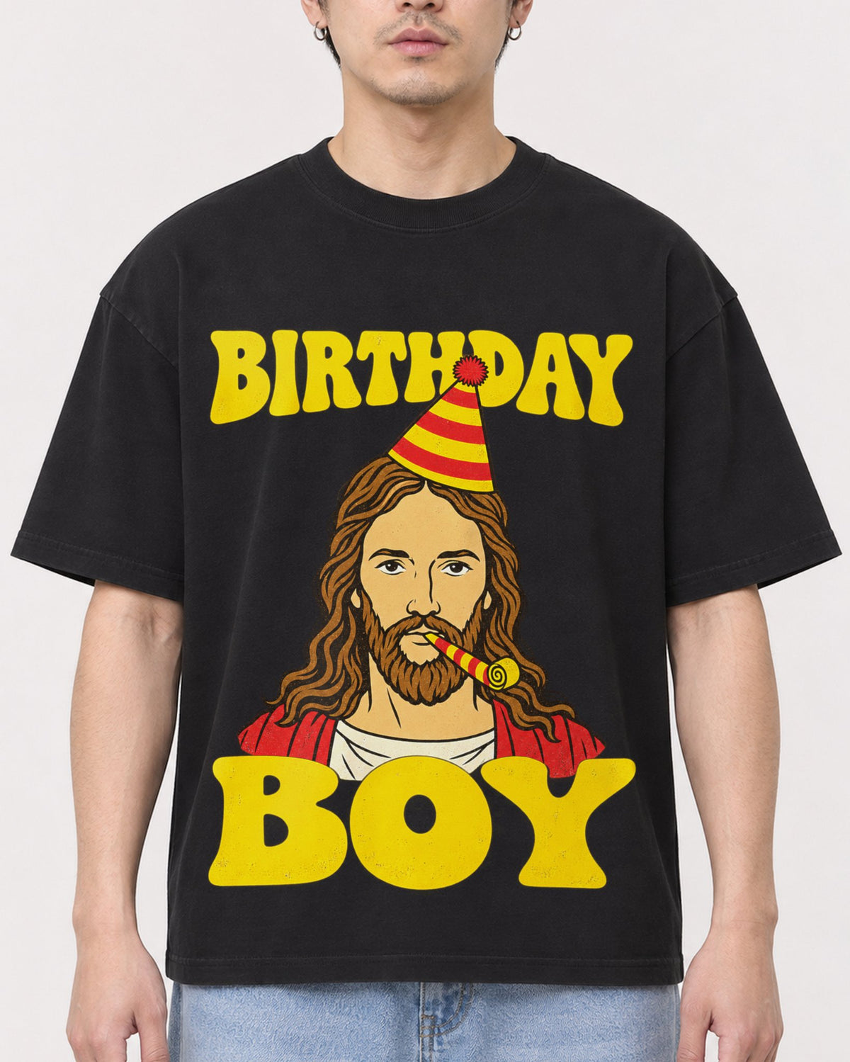 Mockup Boxy Heavyweight Tee Black male close-up 13